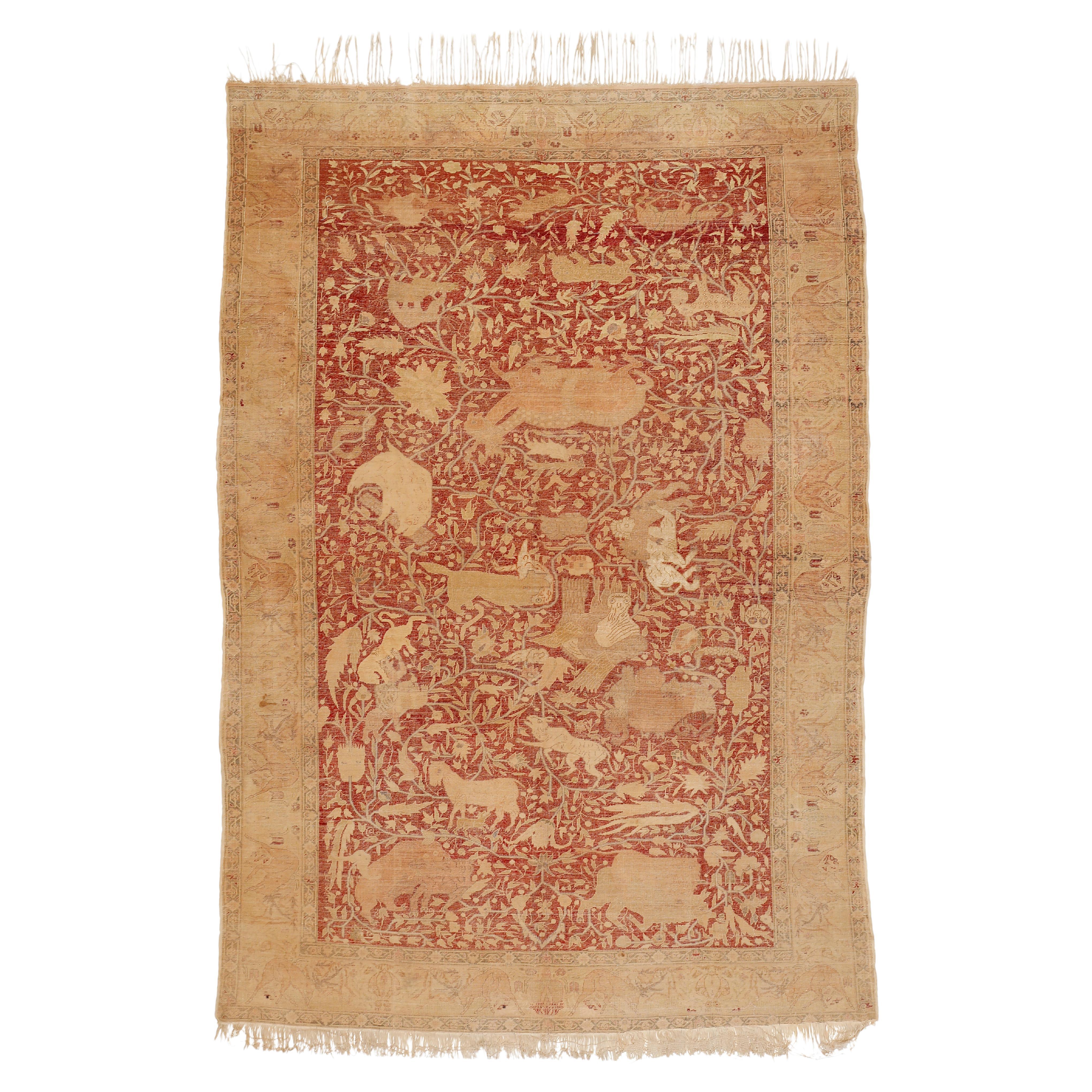 Antiker antiker Crimson Seiden Kayseri Teppich mit Vaq-Vaq-Muster im Angebot