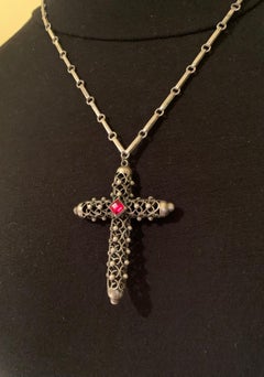 Fine Antique Cuernavaca Reticulated Sterling Silver Ruby Glass Cross on Chain