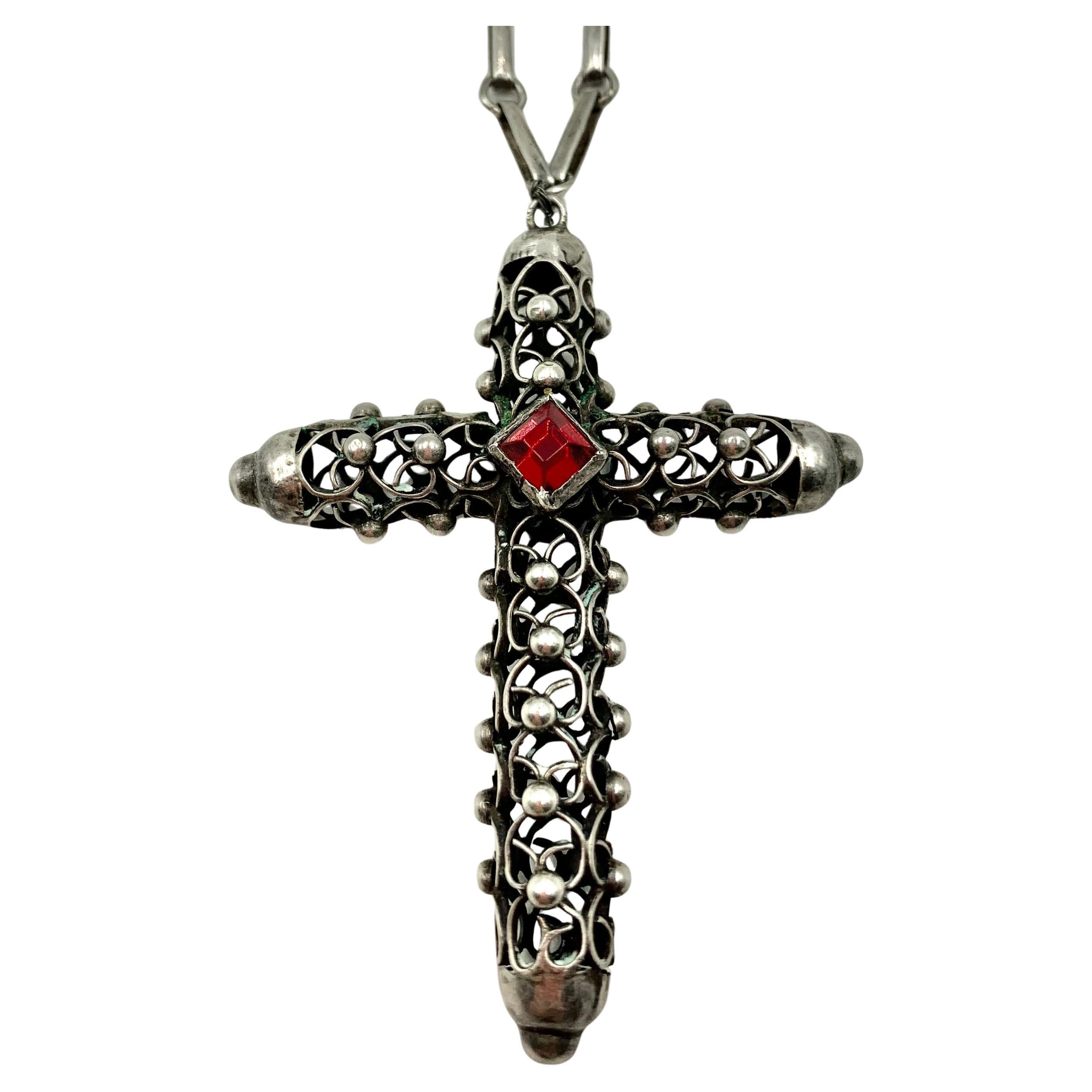 Fine Antique Cuernavaca Reticulated Sterling Silver Ruby Glass Cross on Chain