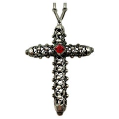 Fine Antique Cuernavaca Reticulated Sterling Silver Ruby Glass Cross on Chain