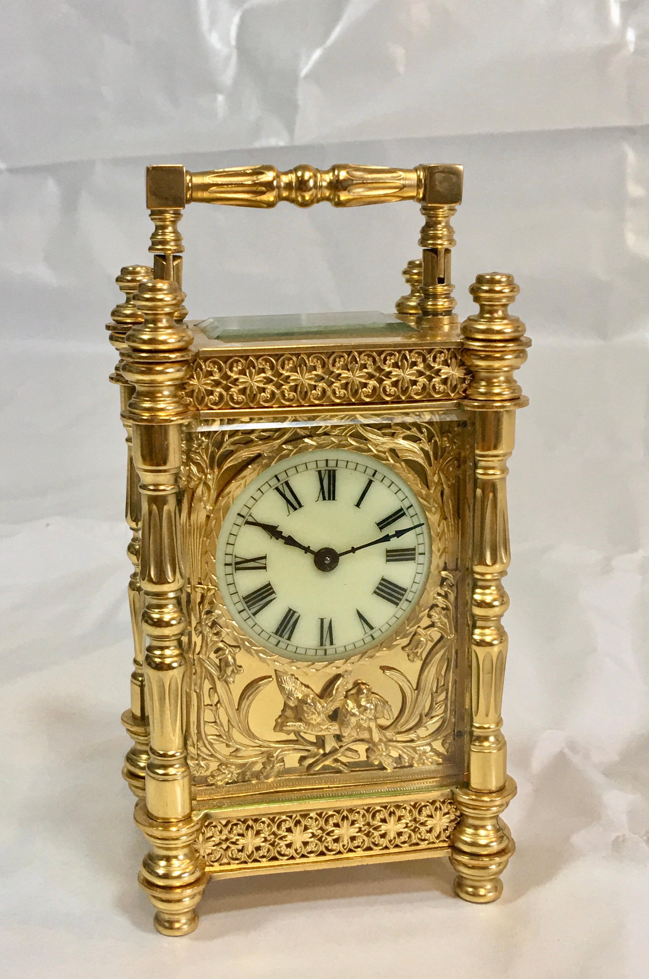 Fine Antique Decorative 24-Karat Gold Gilt Timepiece Carriage Clock 5