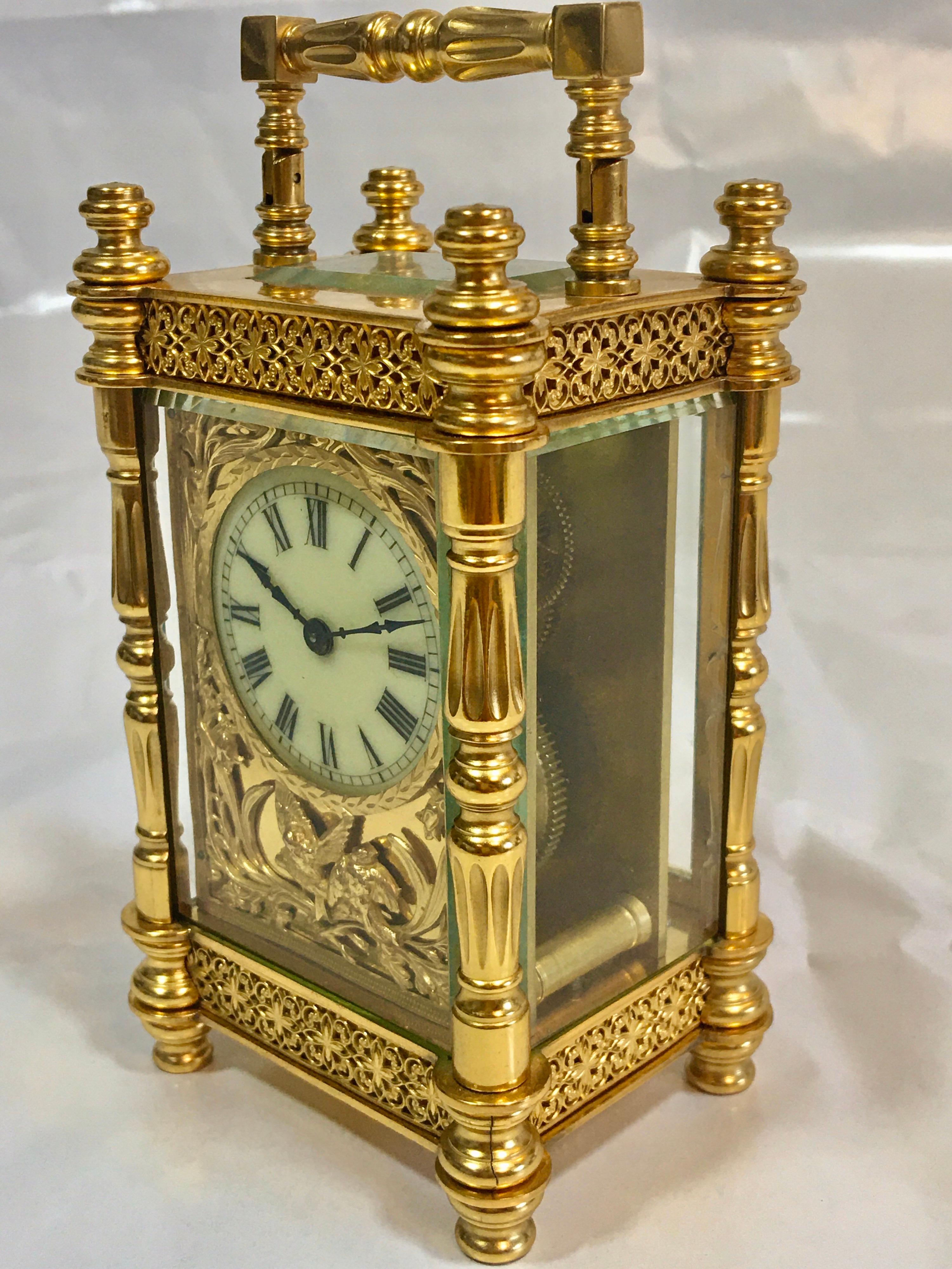 This beautiful French decorative timepiece carriage clock is in good working condition and it is ticking well. Visible signs of ageing and wear as shown.

Please study the images carefully as form part of the description.