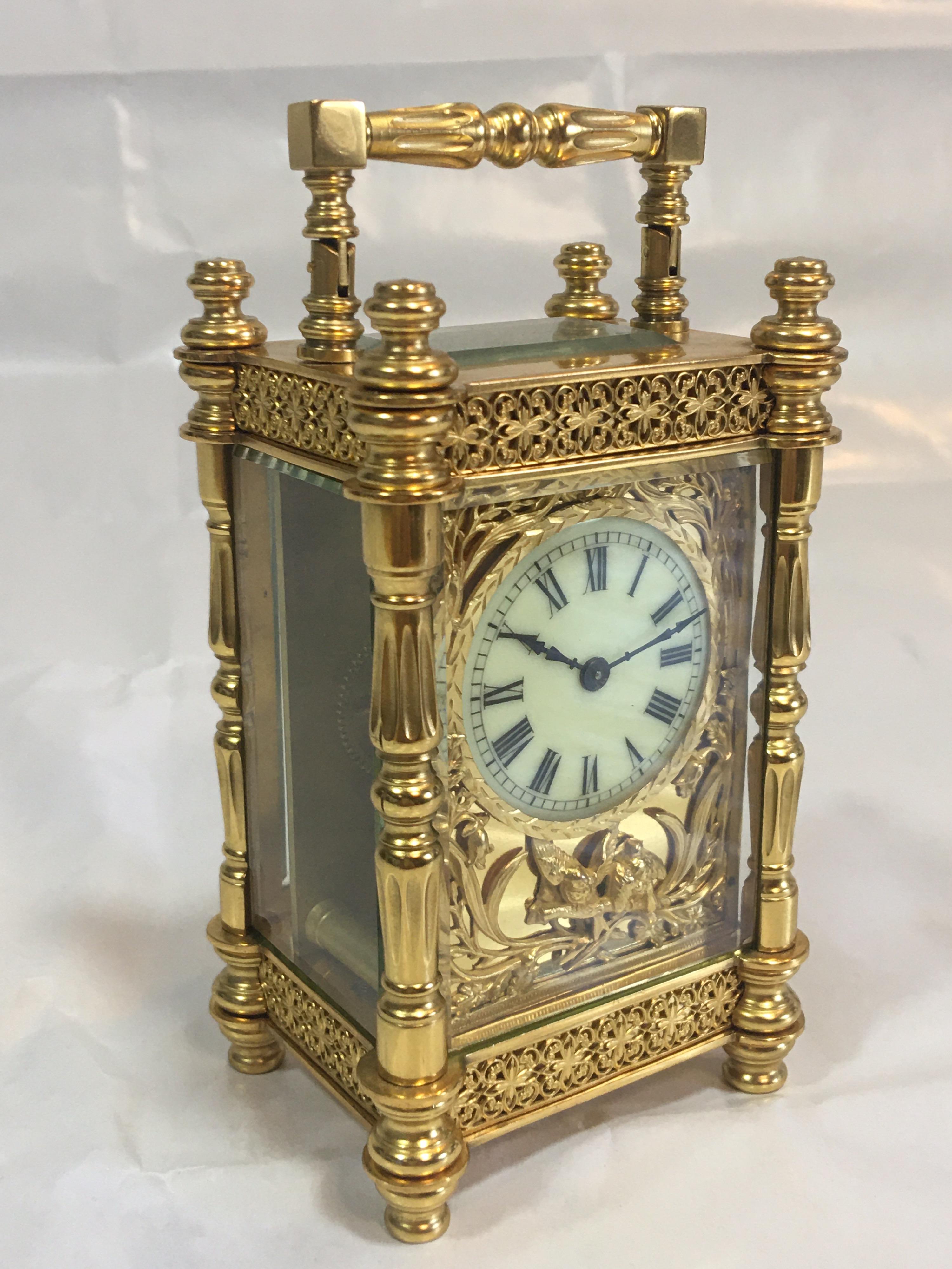 Late 19th Century Fine Antique Decorative 24-Karat Gold Gilt Timepiece Carriage Clock