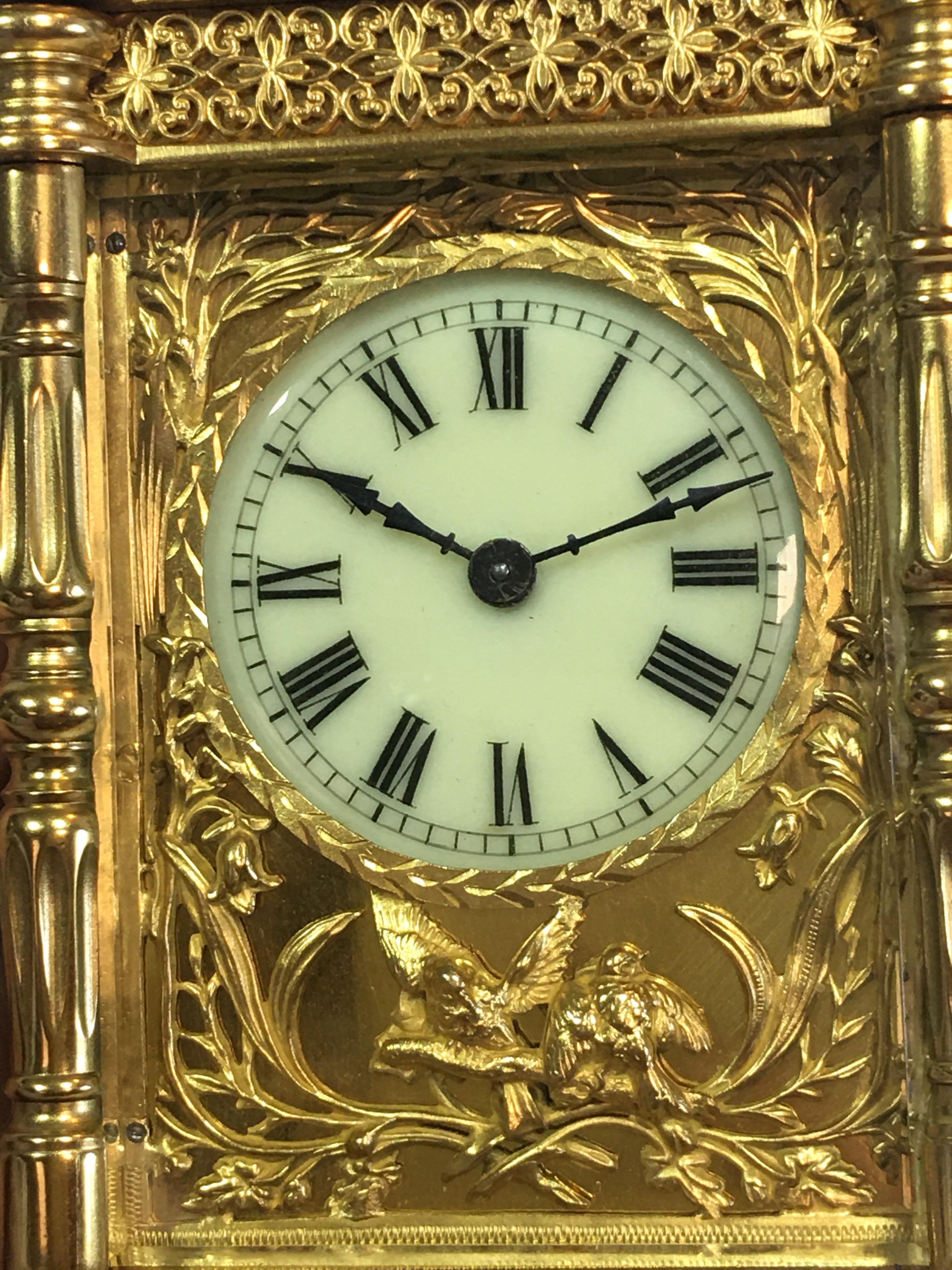 Metal Fine Antique Decorative 24-Karat Gold Gilt Timepiece Carriage Clock