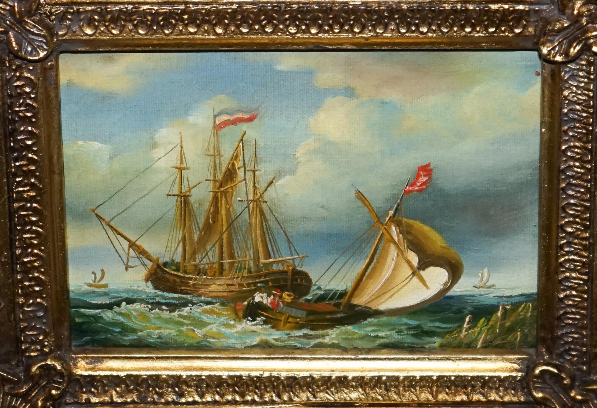 fina pintura al óleo antigua de principios del siglo xx de un barco francés con marco de madera de giltwood en venta 3