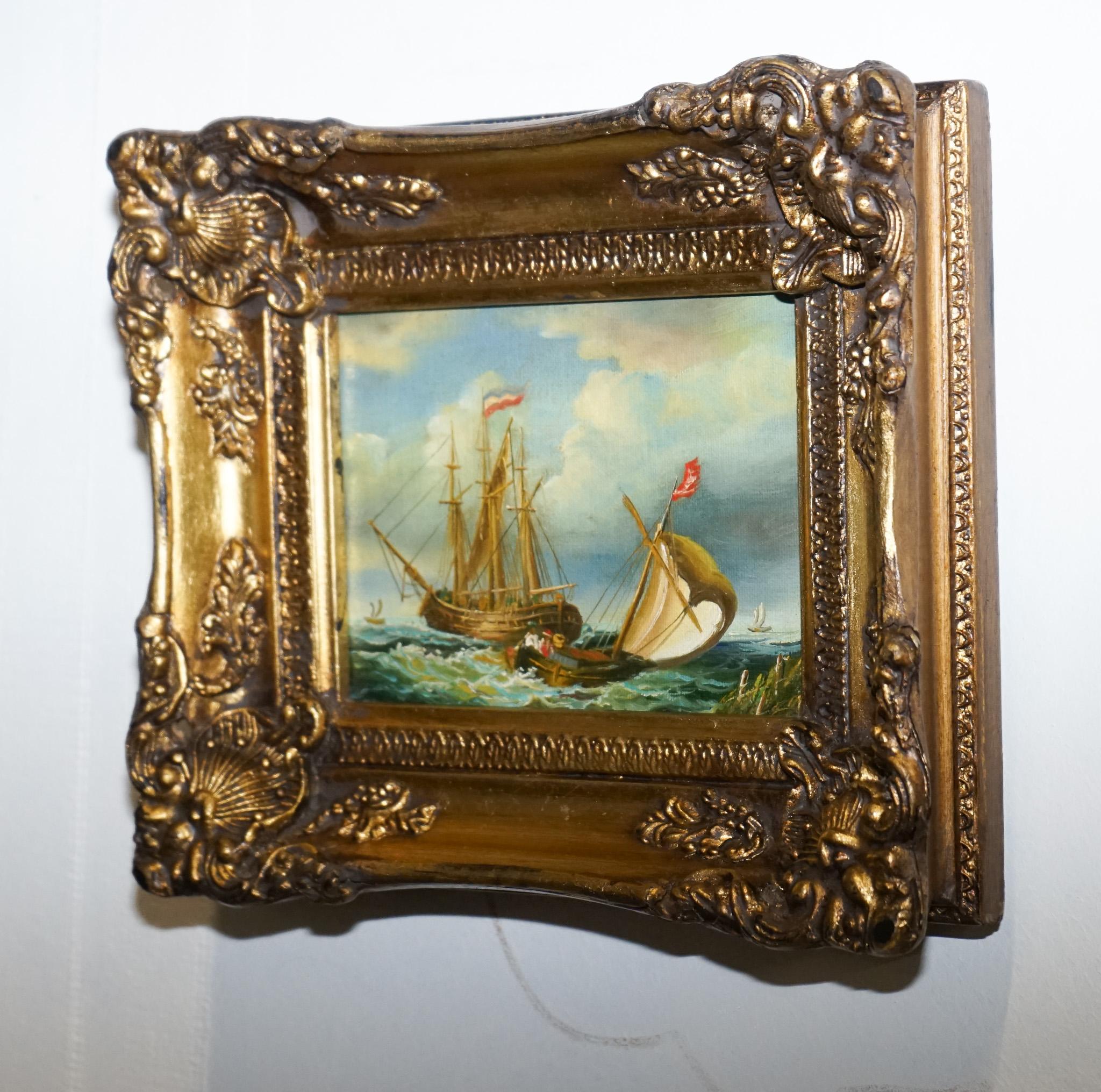 fina pintura al óleo antigua de principios del siglo xx de un barco francés con marco de madera de giltwood Británico en venta
