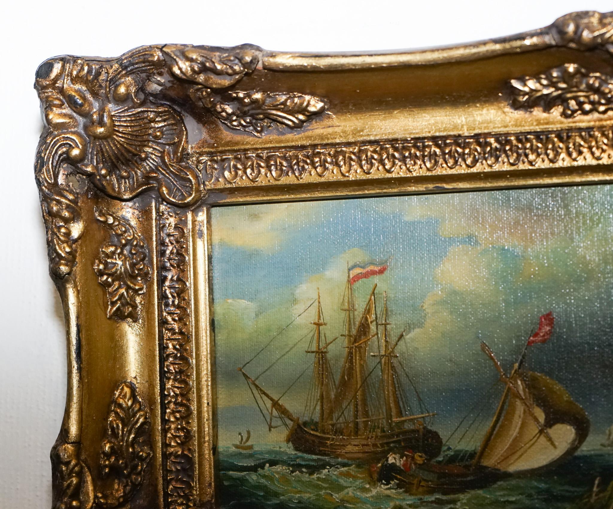 fina pintura al óleo antigua de principios del siglo xx de un barco francés con marco de madera de giltwood en Bueno estado para la venta en Pulborough, GB