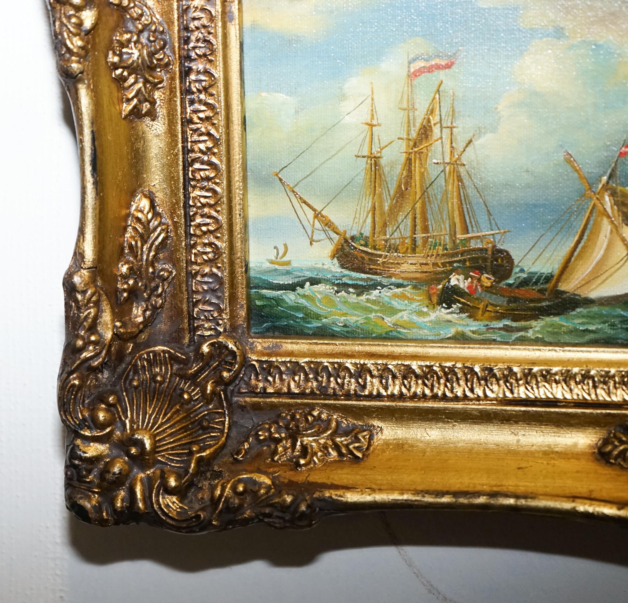 fina pintura al óleo antigua de principios del siglo xx de un barco francés con marco de madera de giltwood siglo XX en venta