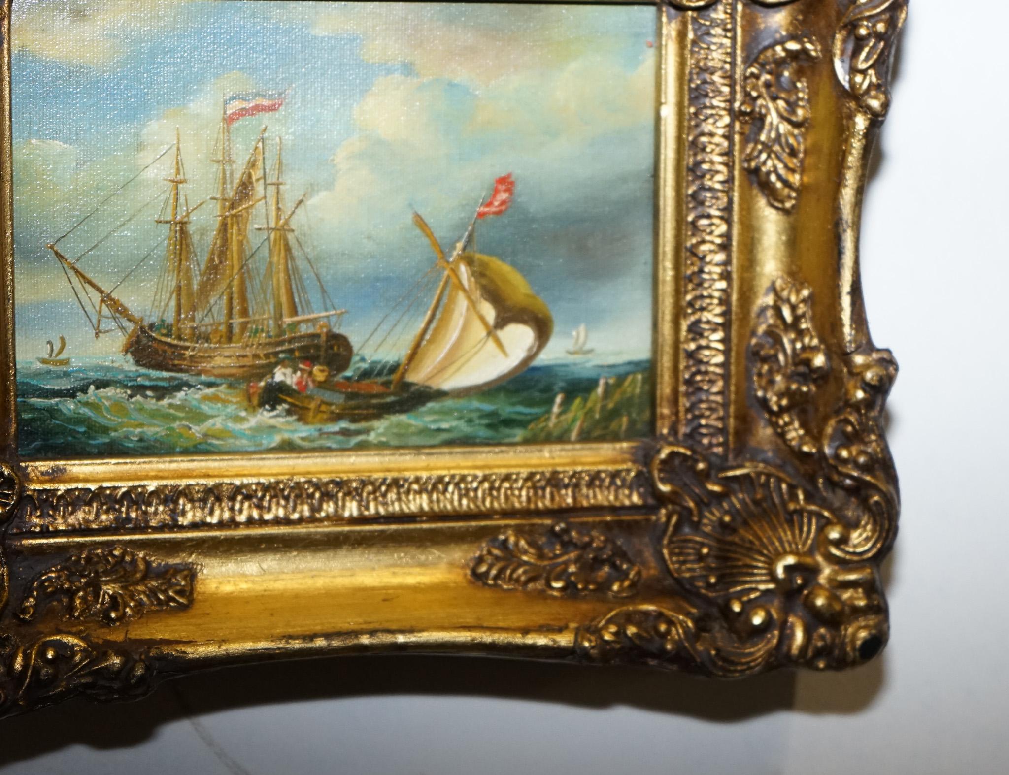 fina pintura al óleo antigua de principios del siglo xx de un barco francés con marco de madera de giltwood Madera dura en venta