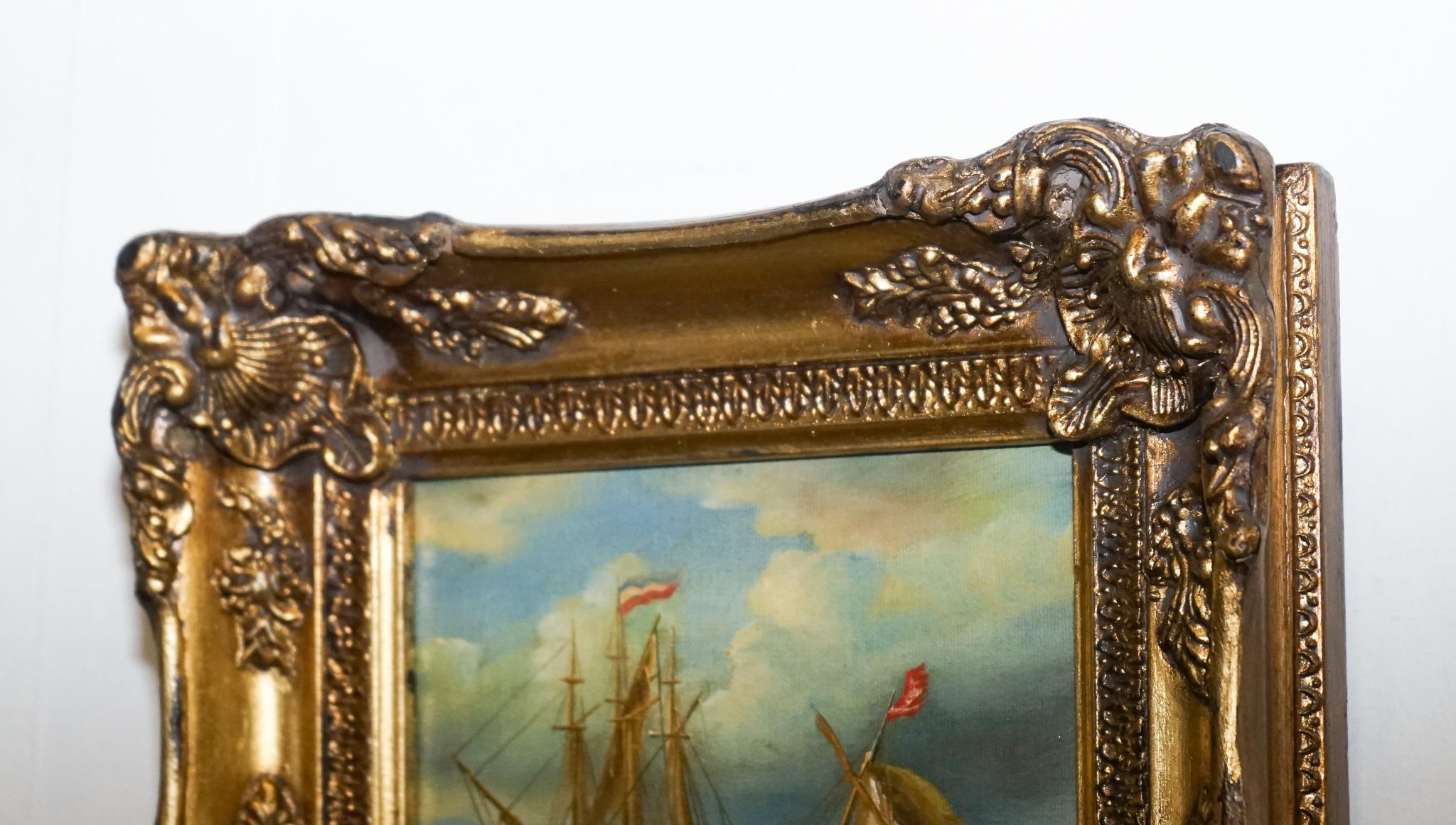 fina pintura al óleo antigua de principios del siglo xx de un barco francés con marco de madera de giltwood en venta 1
