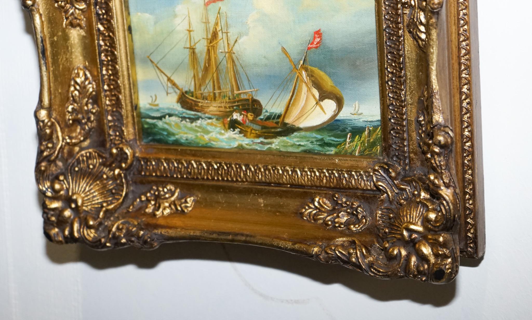 fina pintura al óleo antigua de principios del siglo xx de un barco francés con marco de madera de giltwood en venta 2