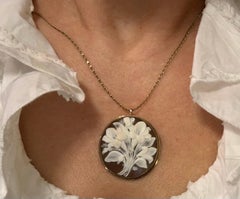 Fine Antique Easter Lillies, Butterfly Cameo 14K Yellow Gold Pendant Brooch