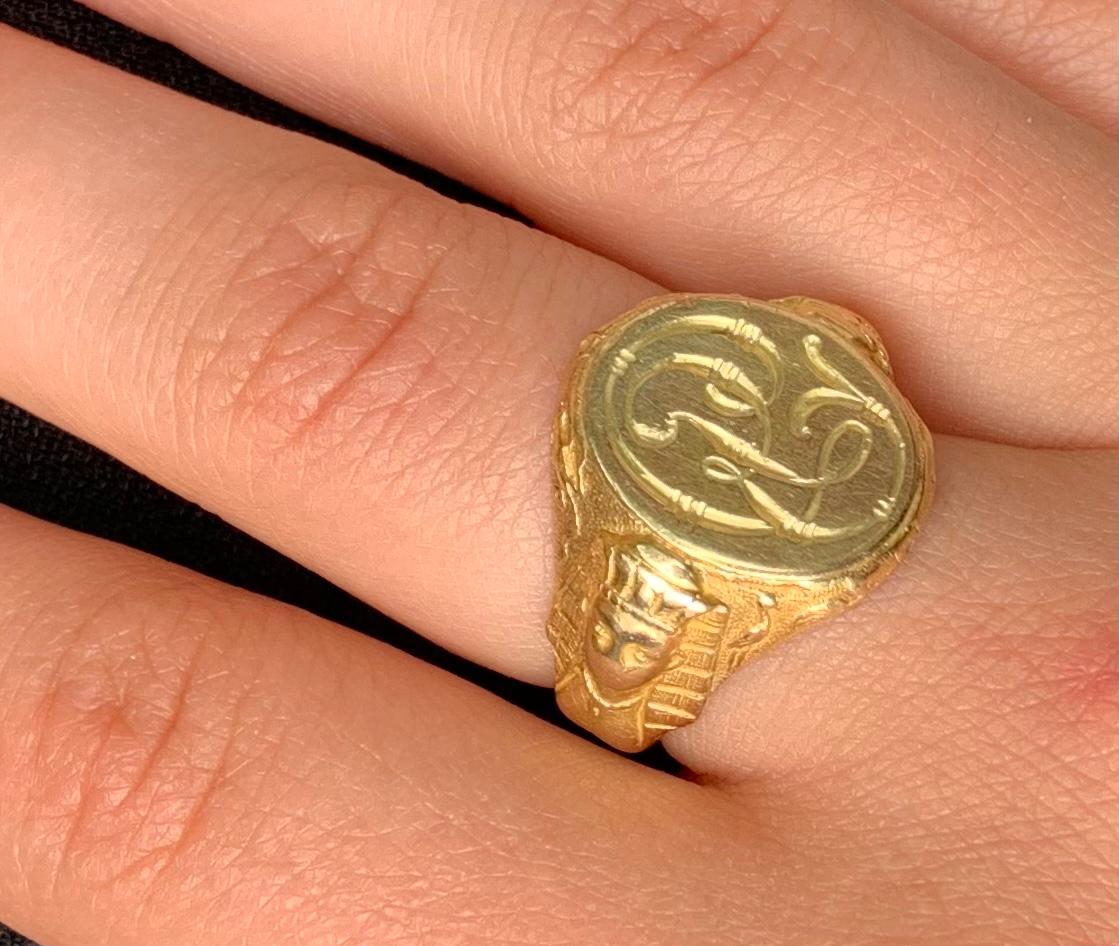 Fine Antique Egyptian Revival Sphinx Motif 14K Yellow Gold Signet Ring For Sale 9