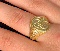 Antique 14K Yellow Gold Egyptian Revival Sphinx Signet Ring, 1870