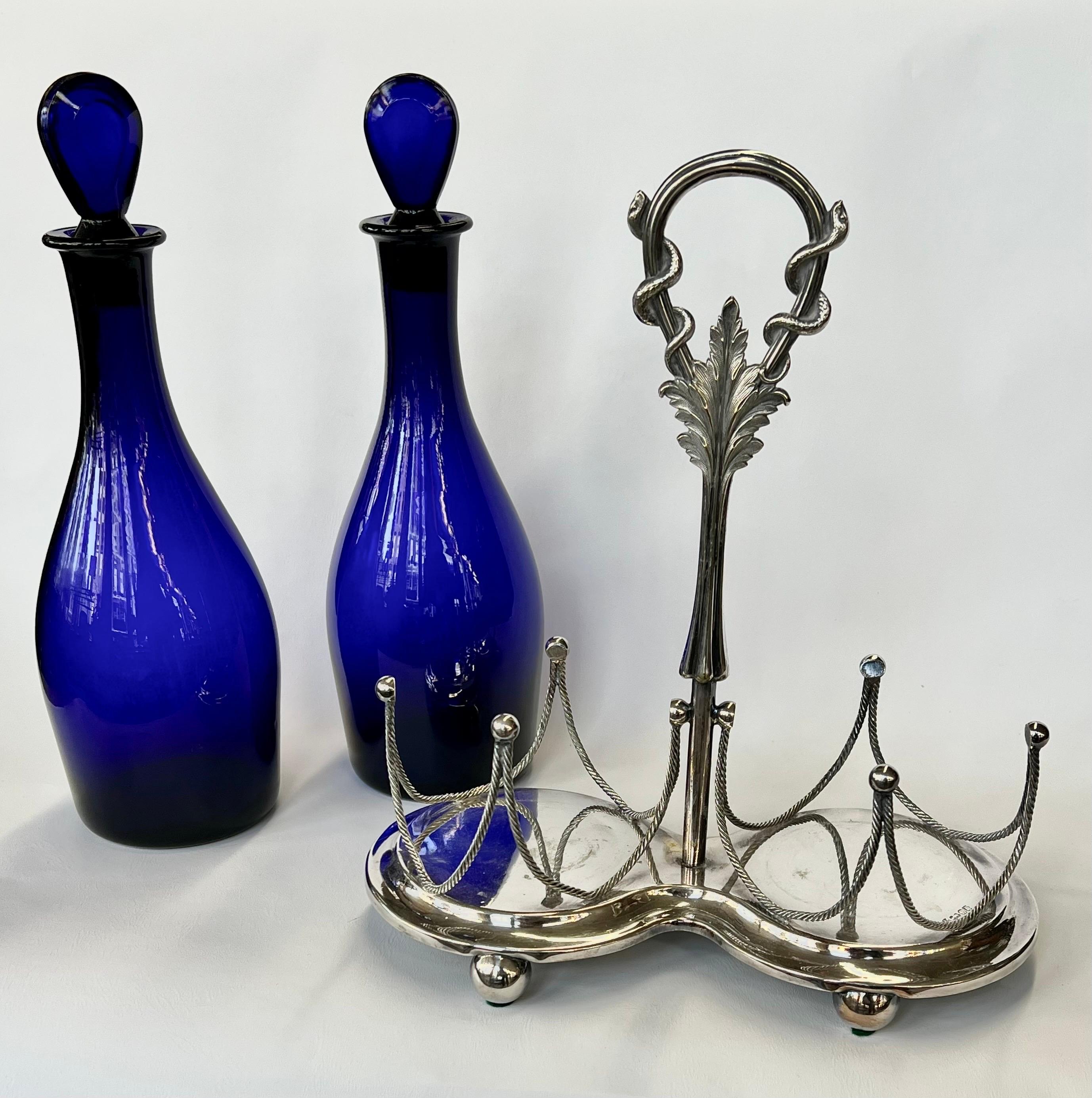 Hand-Crafted Fine Antique English 5 pc. Silver Plate & Cobalt Glass Decanter Set in Stand For Sale