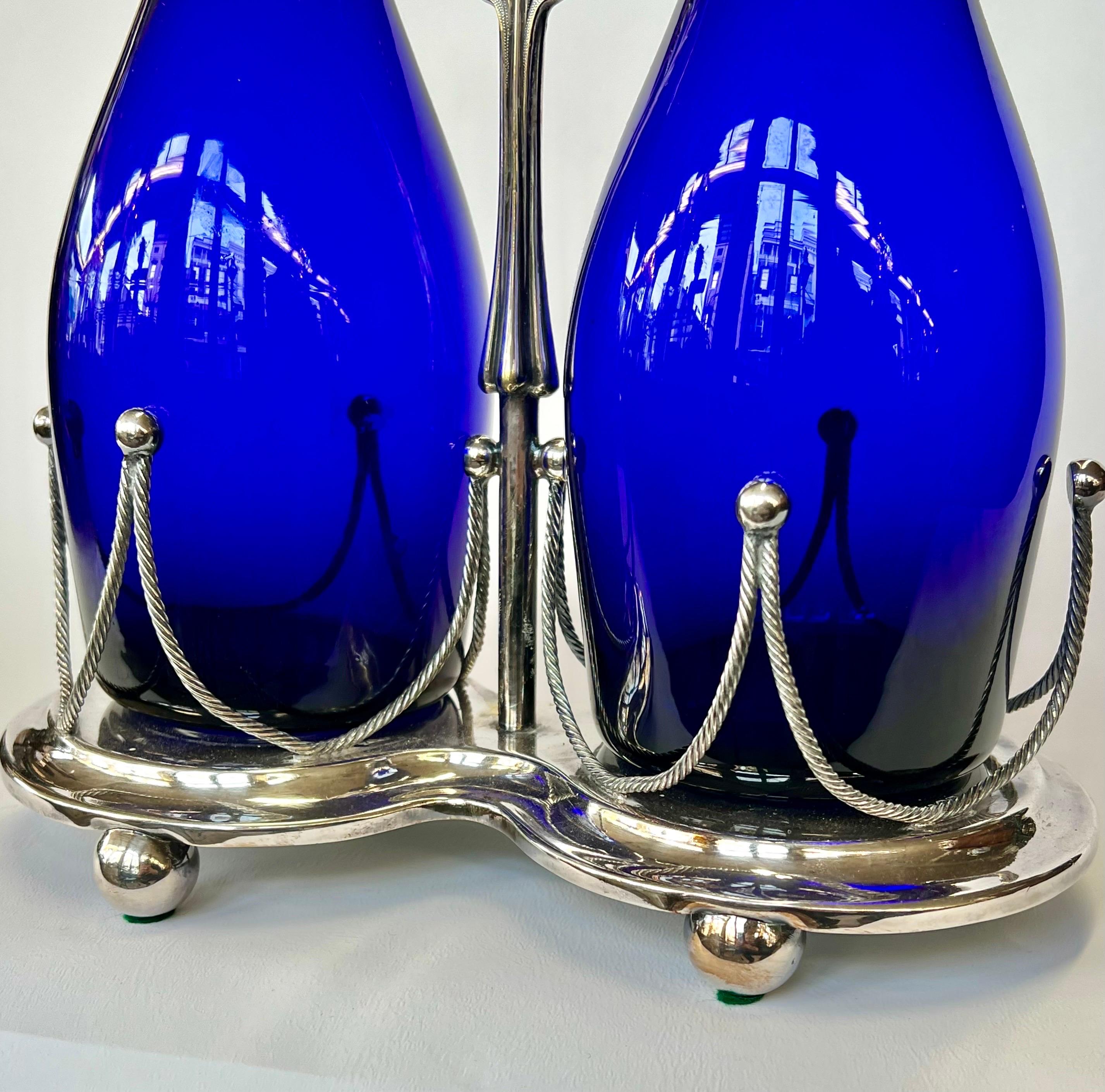 19th Century Fine Antique English 5 pc. Silver Plate & Cobalt Glass Decanter Set in Stand For Sale
