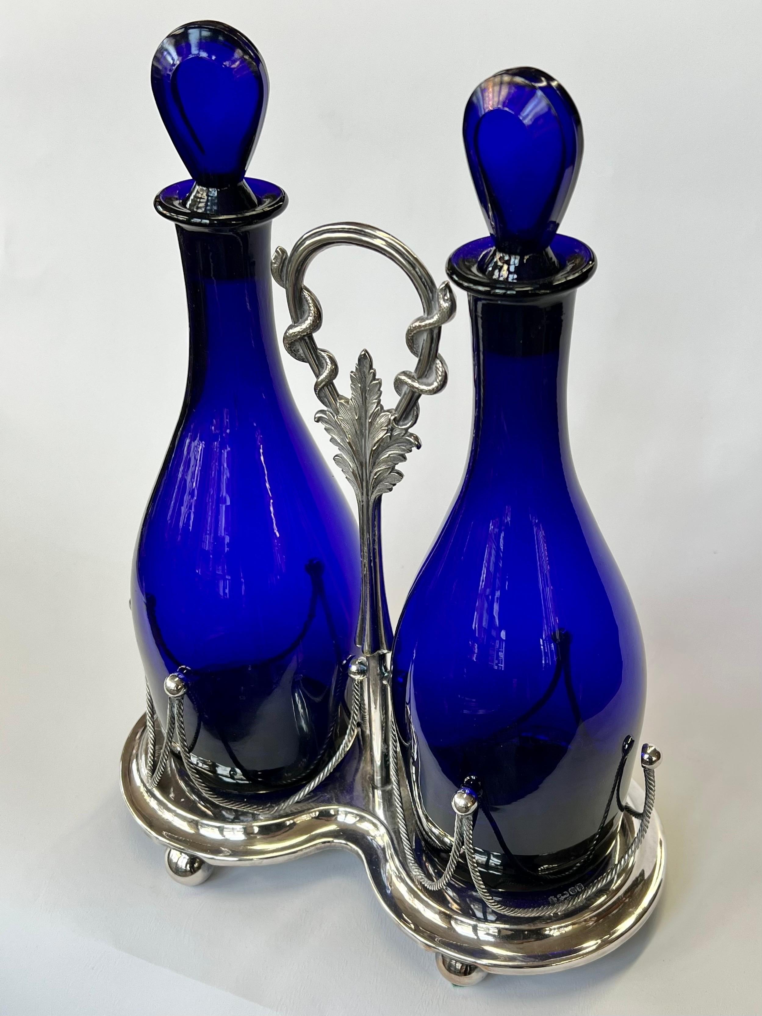 Fine Antique English 5 pc. Silver Plate & Cobalt Glass Decanter Set in Stand For Sale 2