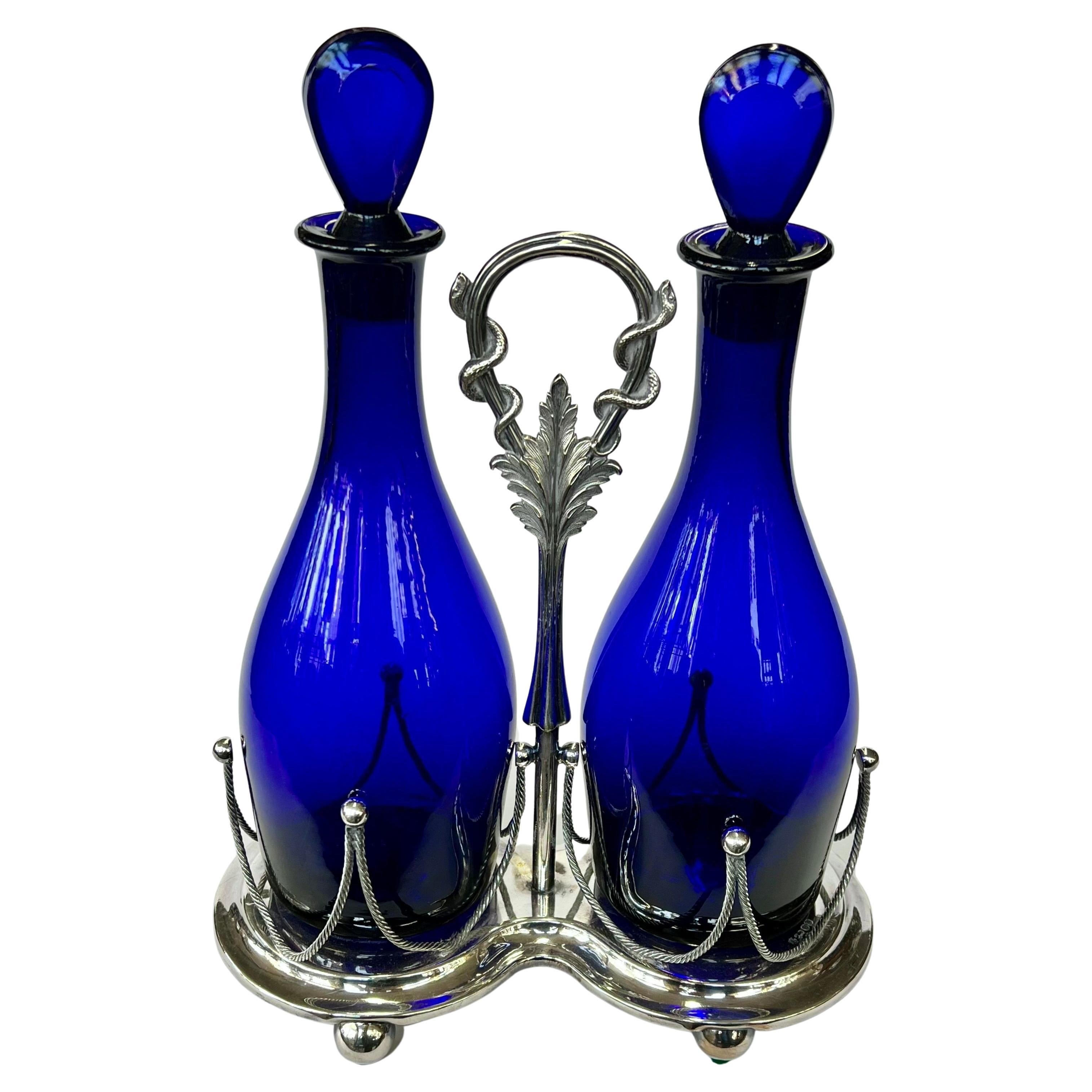 Fine Antique English 5 pc. Silver Plate & Cobalt Glass Decanter Set in Stand For Sale