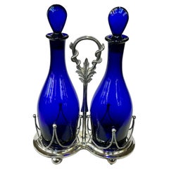 Fine Antique English 5 pc. Silver Plate & Cobalt Glass Decanter Set in Stand