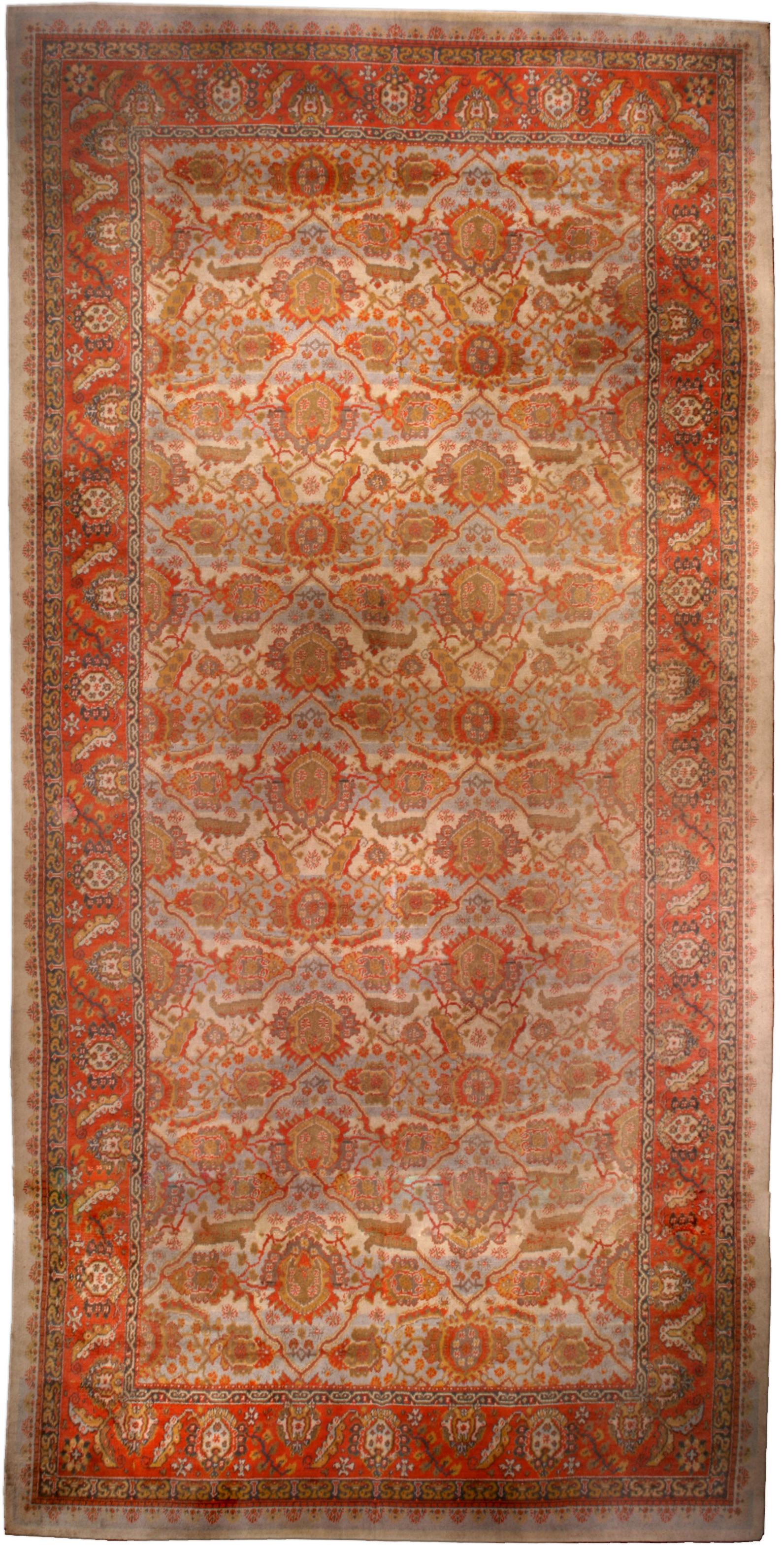 Fine Antique English Axminster Bold Botanic Handmade Wool Rug For Sale