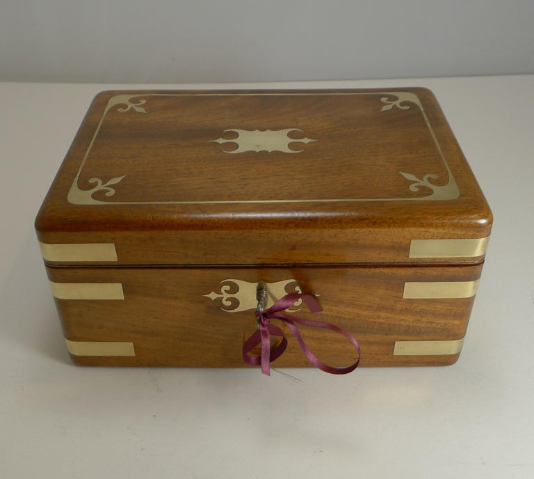 Fine Antique English Brass Inlaid Campaign Style Jewelry Box, circa