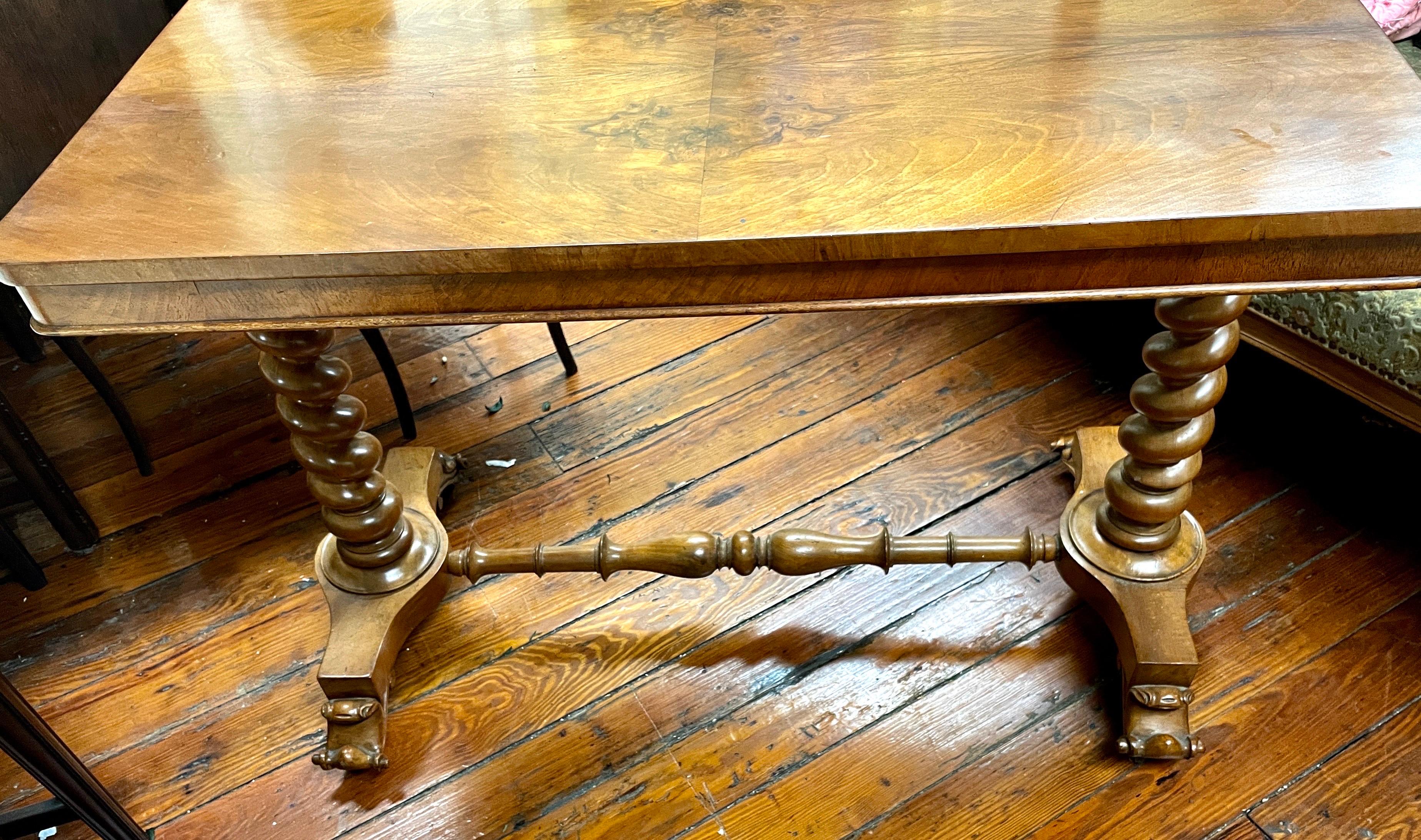 Fine Antique English Burr Walnut Console or Library Table with Barley Twist Legs For Sale 4