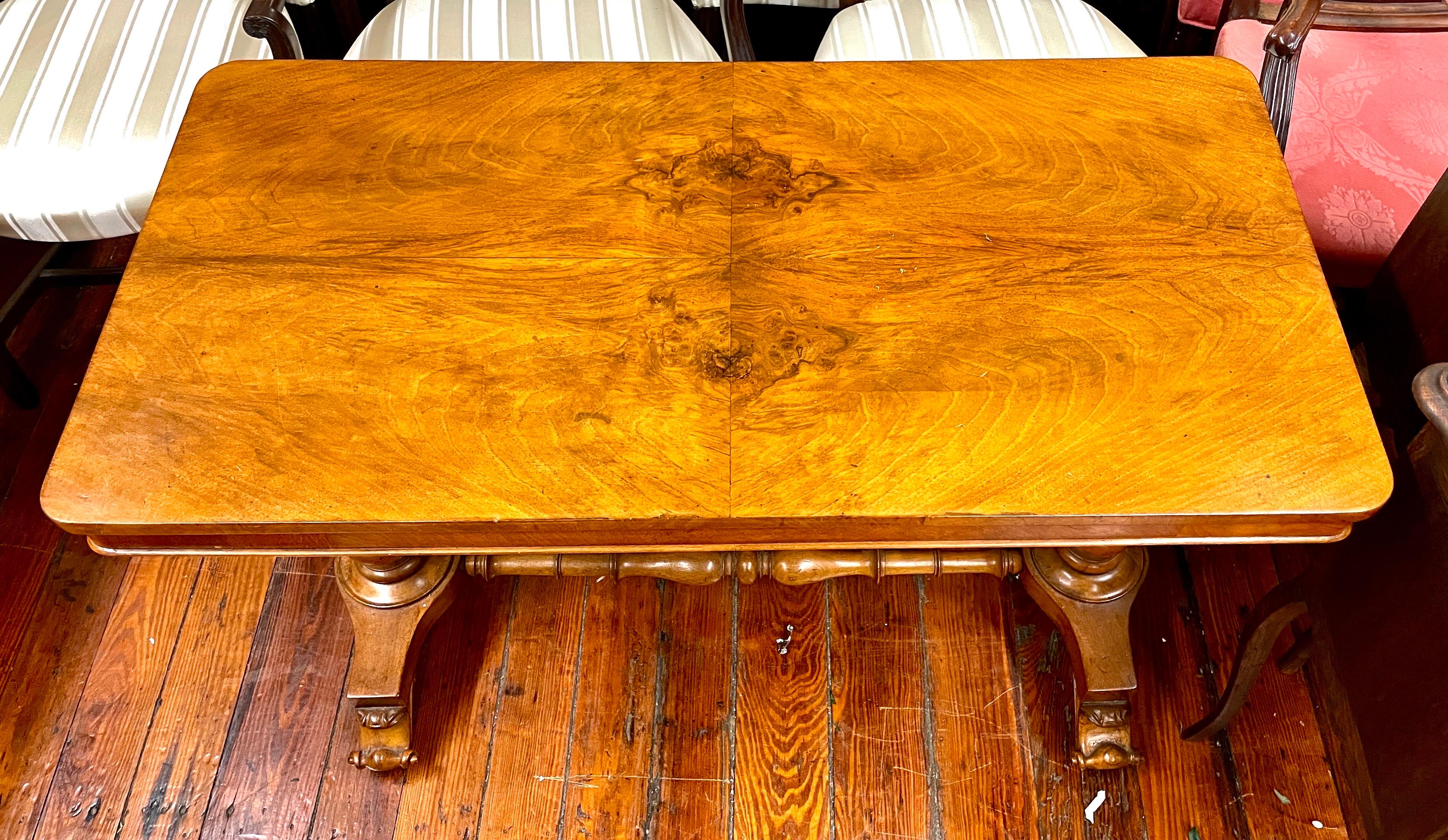 Victorian Fine Antique English Burr Walnut Console or Library Table with Barley Twist Legs For Sale