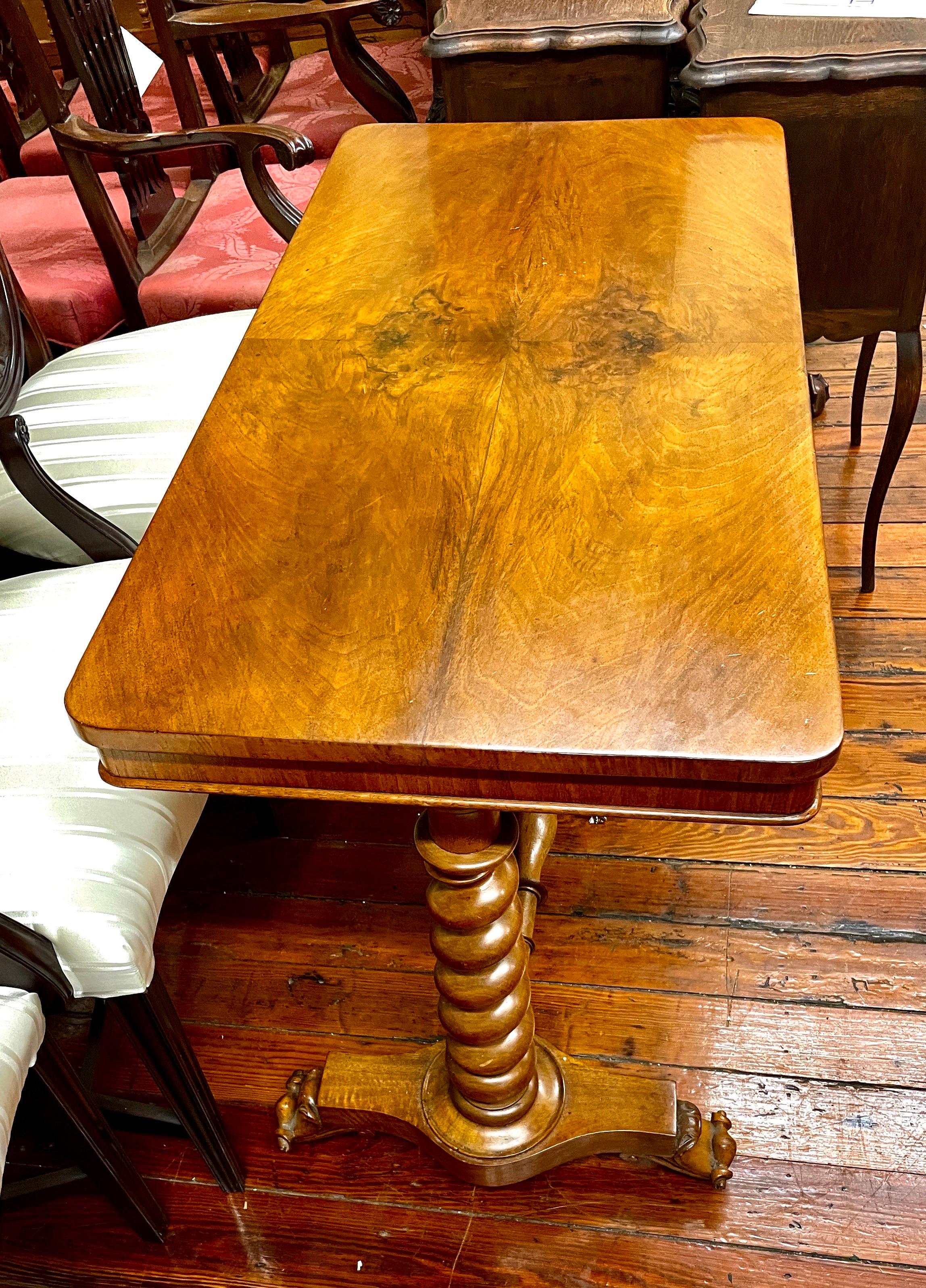 Fine Antique English Burr Walnut Console or Library Table with Barley Twist Legs In Good Condition For Sale In Charleston, SC