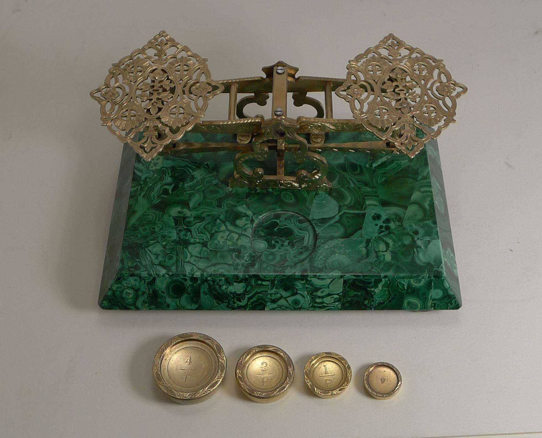 Bronze Fine English Letter / Postal Scale in Malachite by Sampson Mordan, circa 1860 For Sale