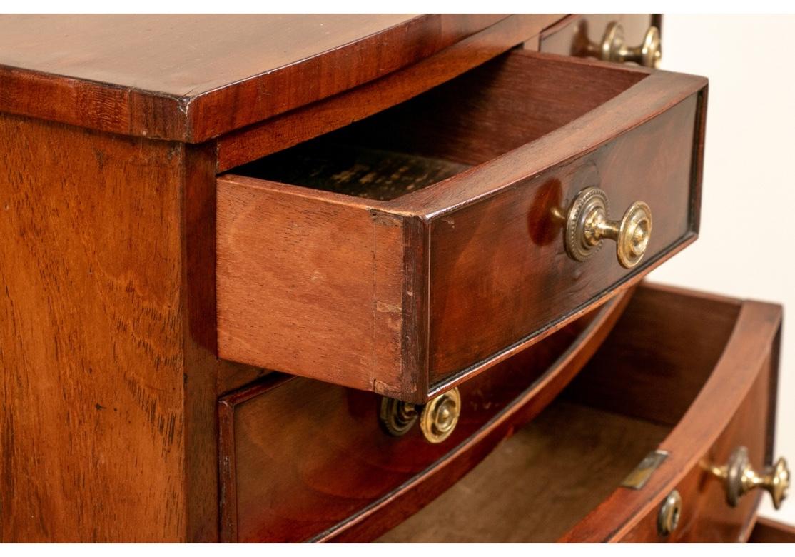 A very well crafted antique salesman’s sample with handsome wood, dove-tailed drawers and fine traditional form. A miniature bow front chest of drawers with two burled short over three graduated burled long drawers with carved moldings and Fine