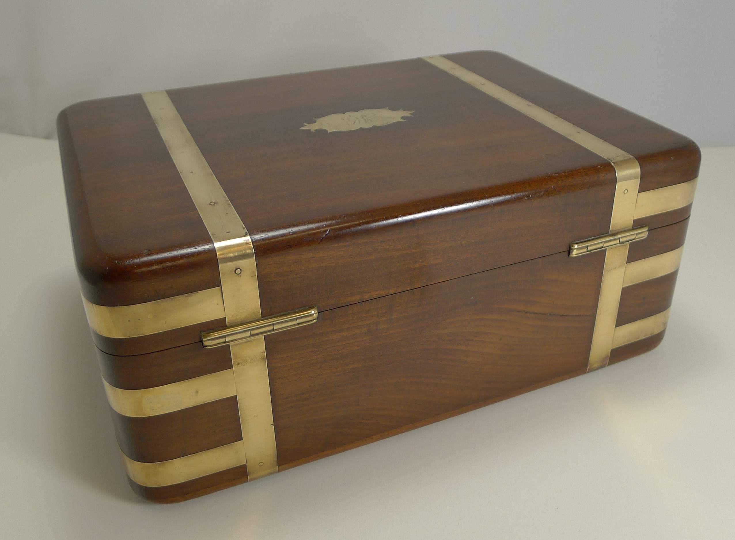 George III Fine Antique English Military/Campaign Brass Bound Mahogany Jewelry Box, 1820