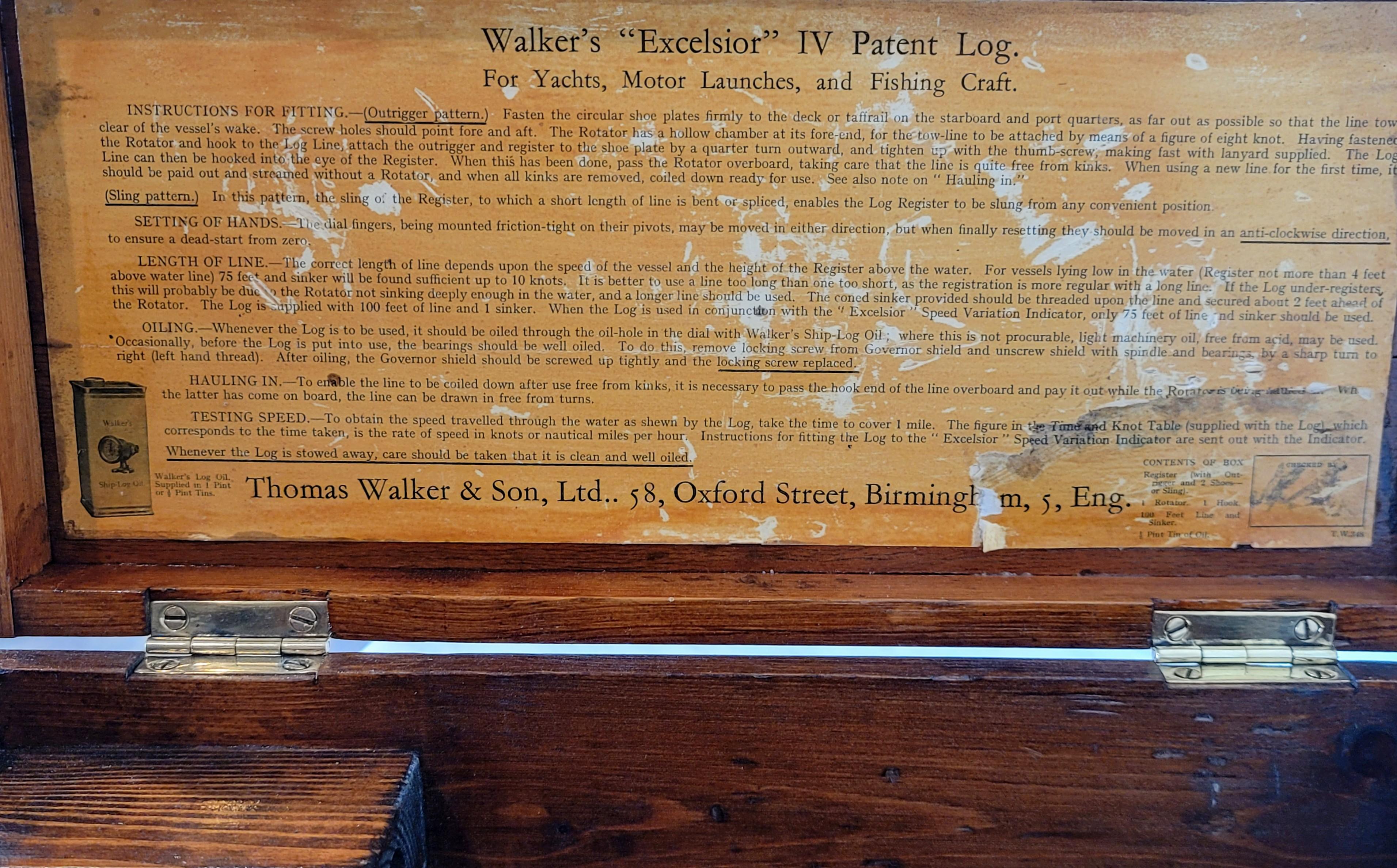 20th Century Fine Antique English Nautical Walker’s Excelsior IV Patent Log with Stand