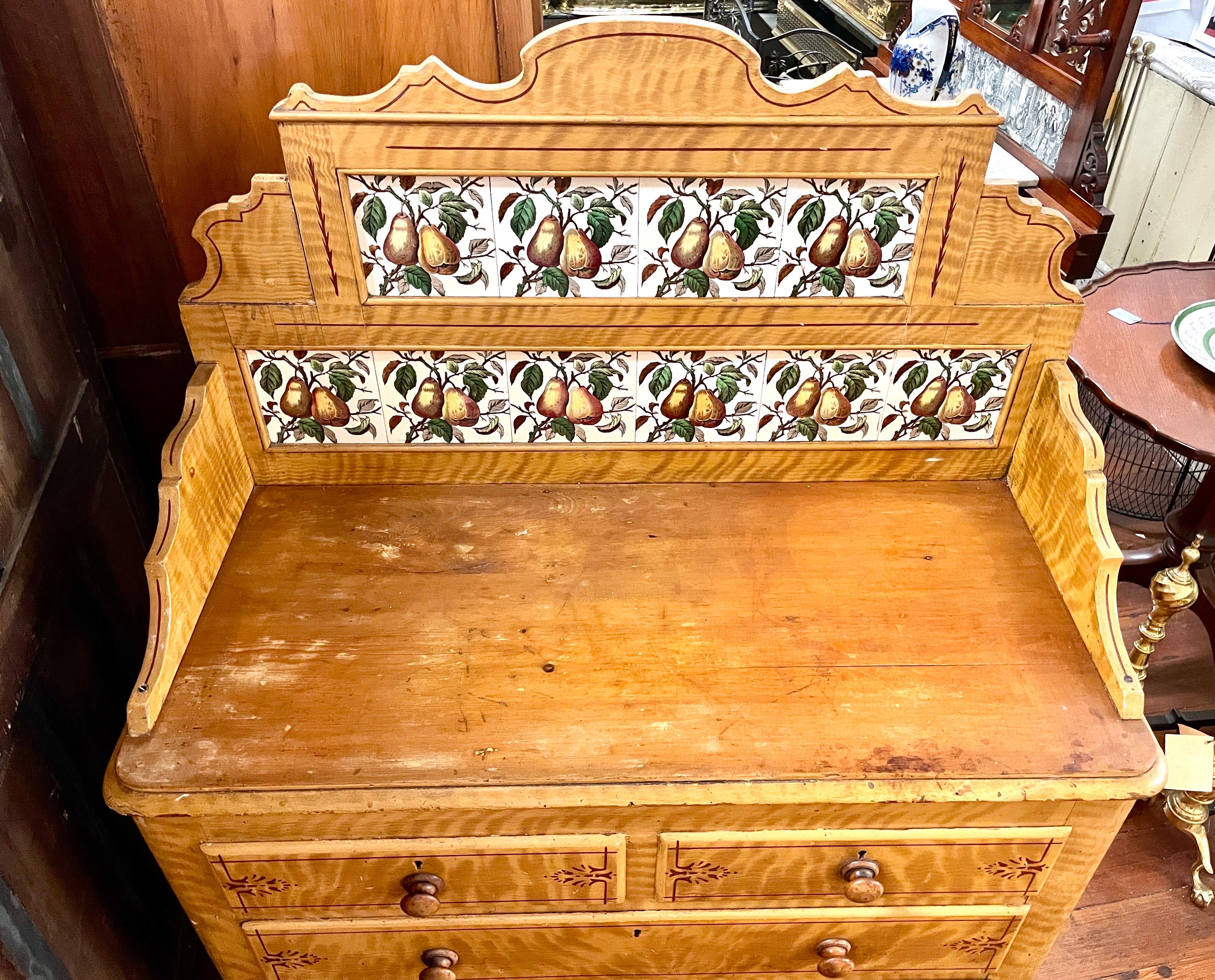 Hand-Crafted Fine Antique English Original Painted Pine & Ceramic Tile Washstand or Drybar For Sale