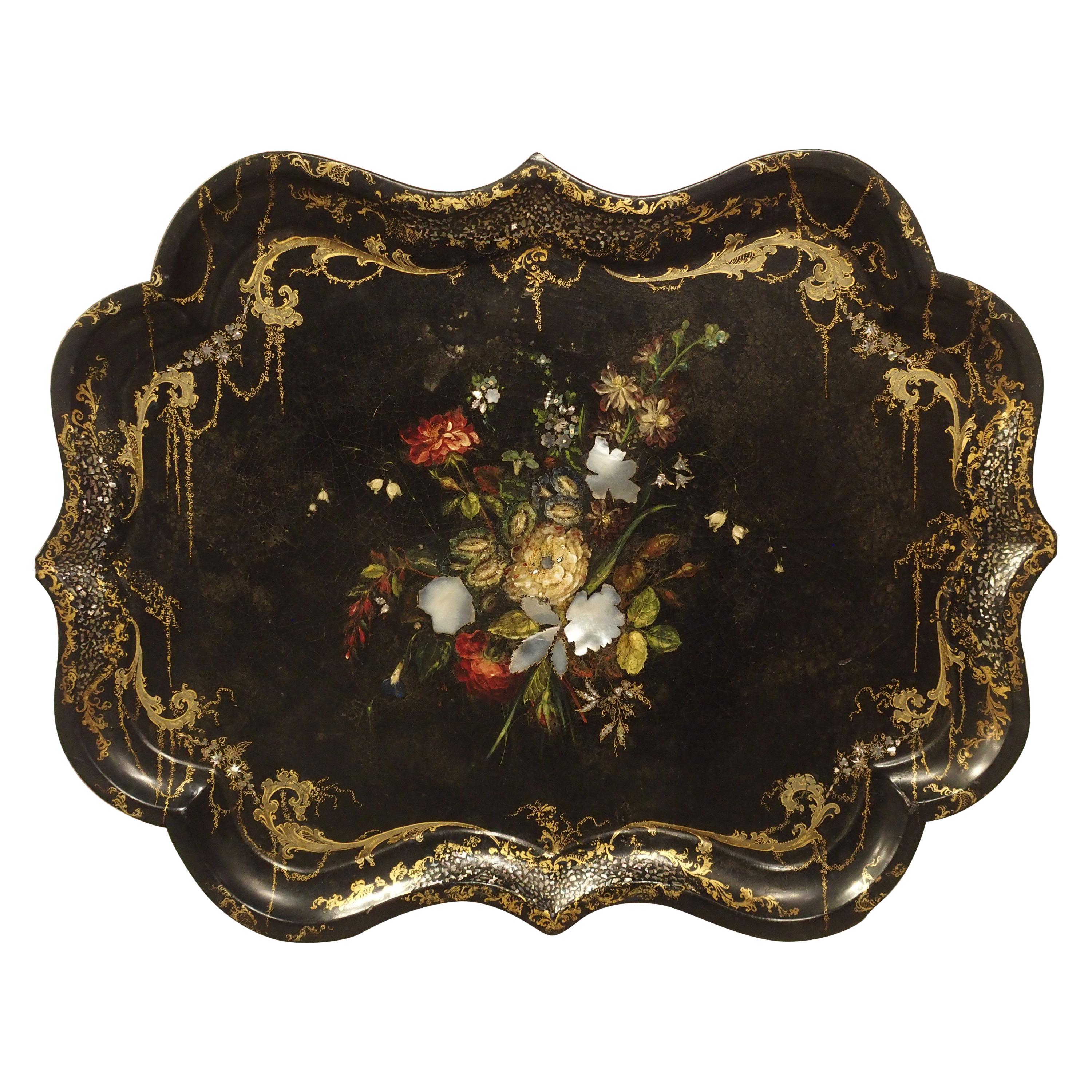 Fine Antique English Painted Tray with Mother of Pearl Insets, circa 1850