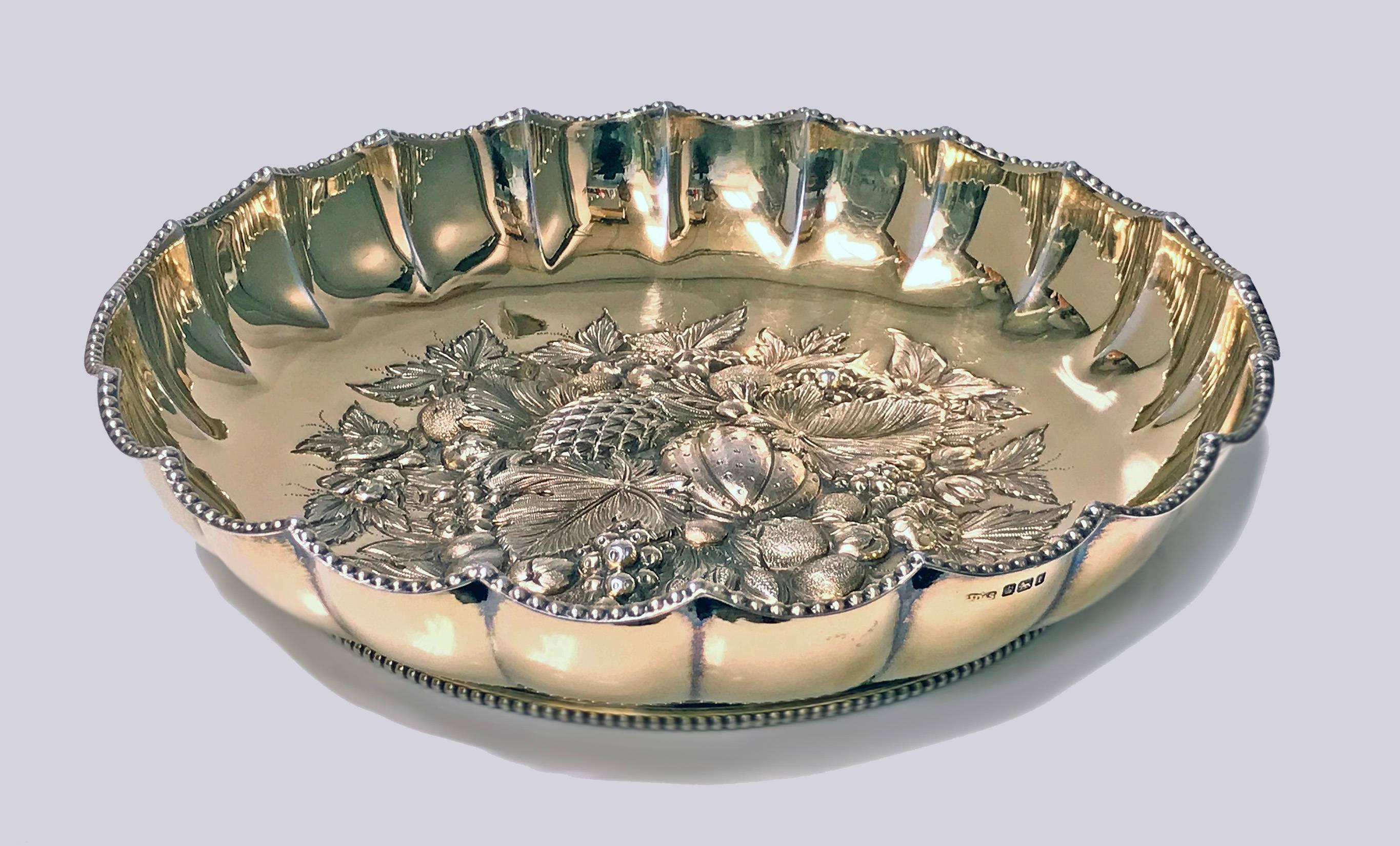 Early 20th Century Fine Antique English Silver Gilt Fruit Bowl, 1911 James Dixon & Sons