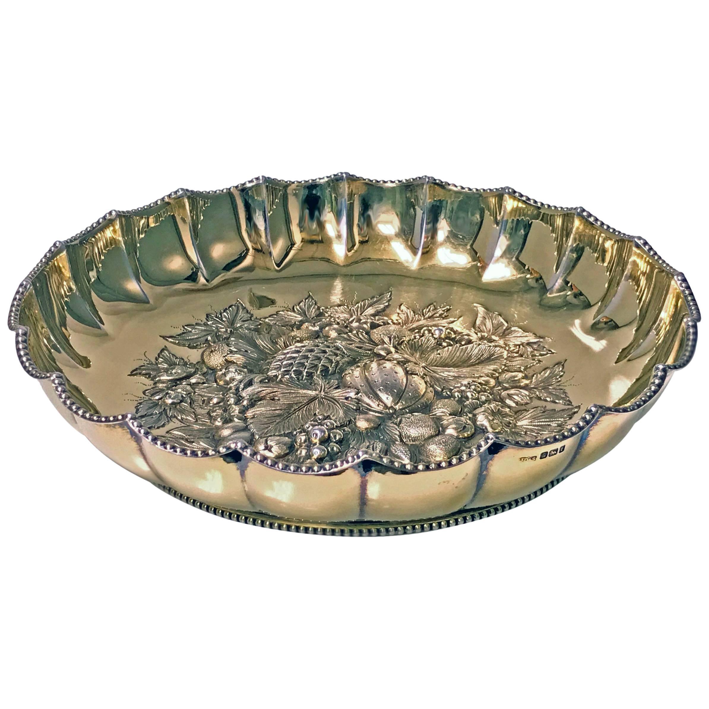 Fine Antique English Silver Gilt Fruit Bowl, 1911 James Dixon & Sons