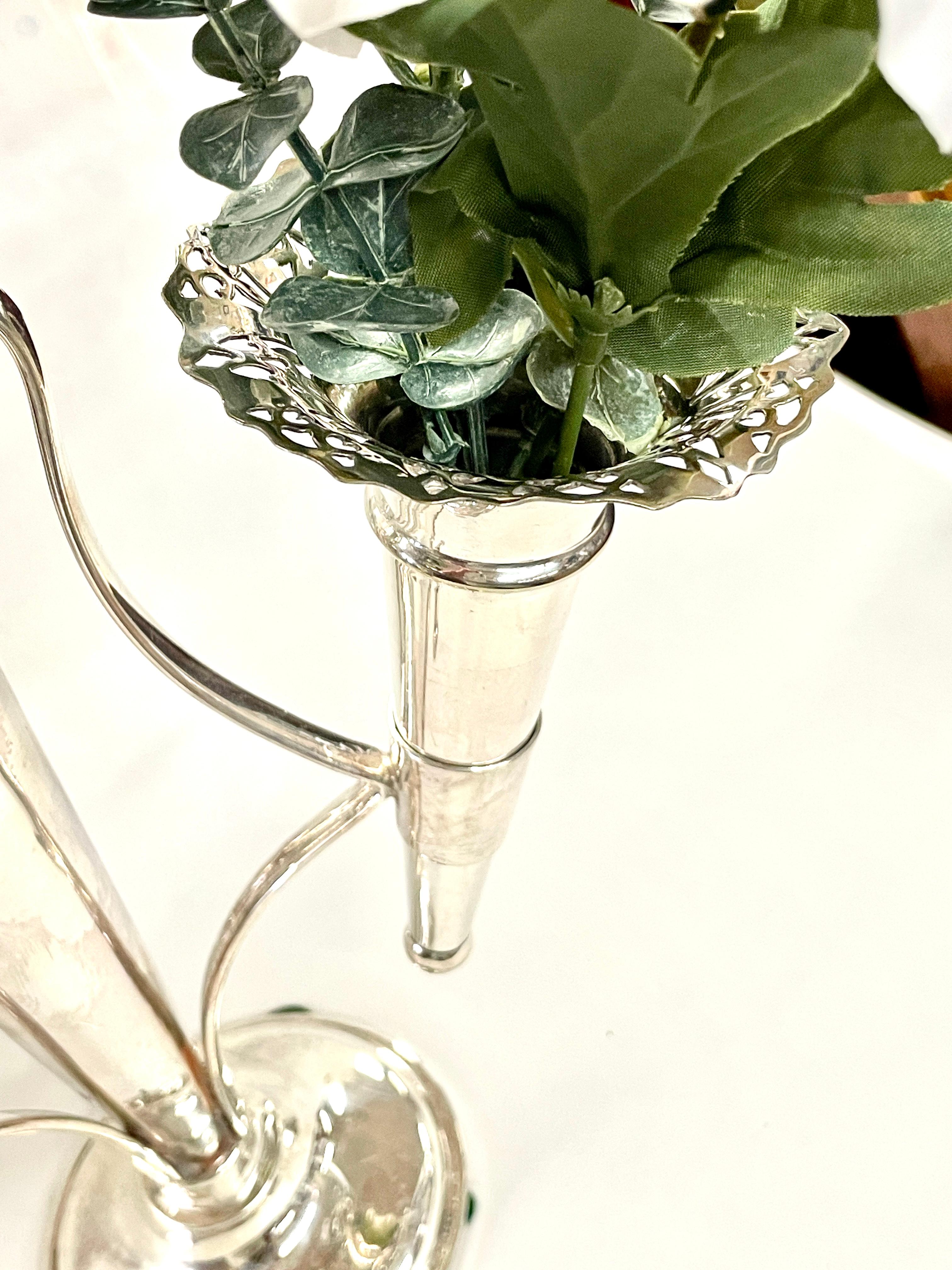 Fine Antique English Silver Plate Large Size 4-Tube Pierced Edge Floral Epergne For Sale 1