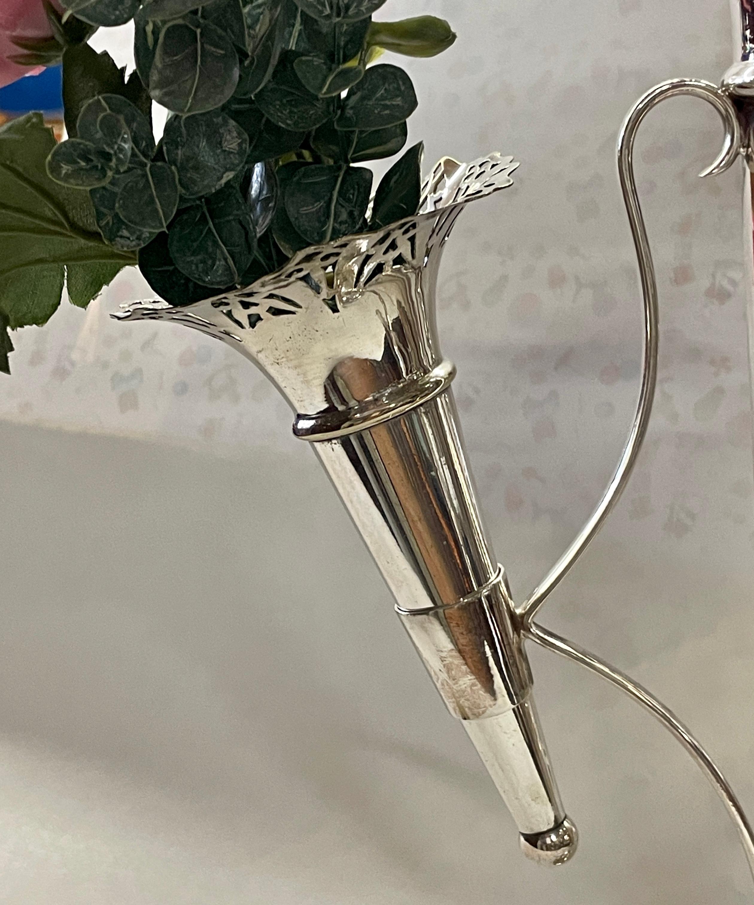 Hand-Crafted Fine Antique English Silver Plate Large Size 4-Tube Pierced Edge Floral Epergne For Sale