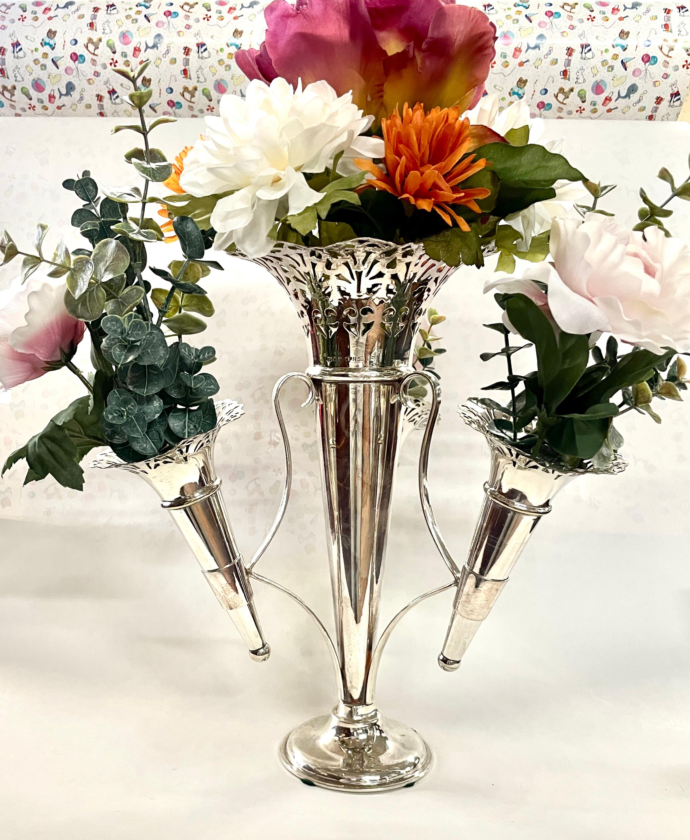 19th Century Fine Antique English Silver Plate Large Size 4-Tube Pierced Edge Floral Epergne For Sale