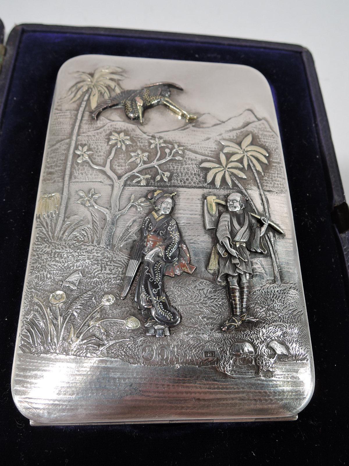 Fine Antique English Victorian Japonesque Mixed Metal Dance Card Case In Excellent Condition In New York, NY