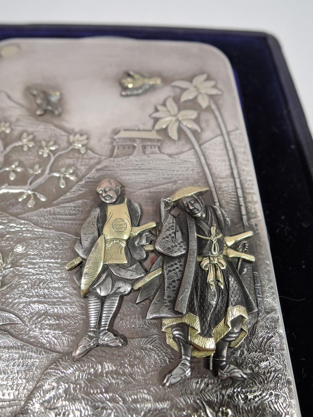 Sterling Silver Fine Antique English Victorian Japonesque Mixed Metal Dance Card Case