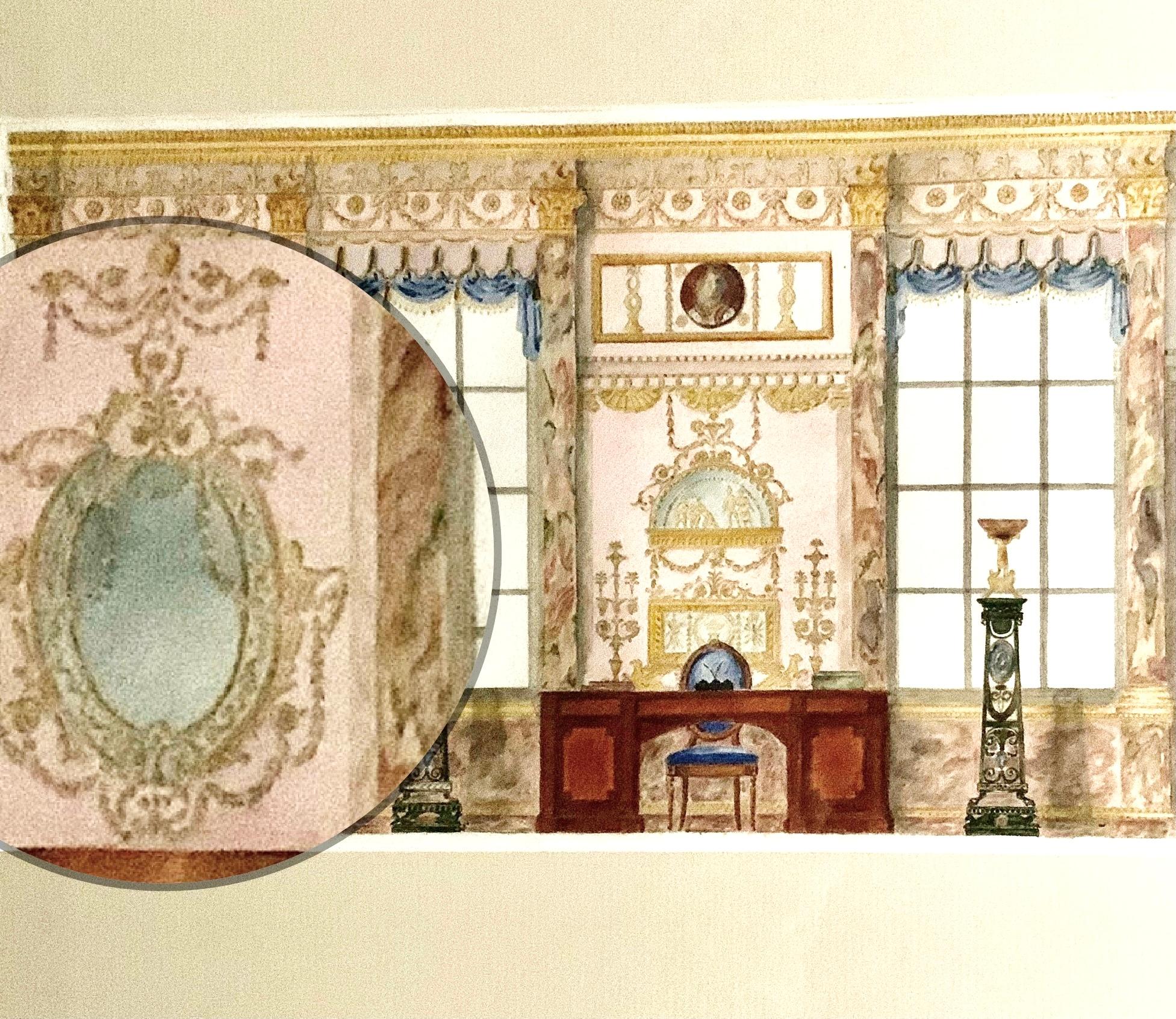 Britannique Belle peinture anglaise ancienne à l'aquarelle, rendu de l'intérieur d'un palais de style Adam en vente