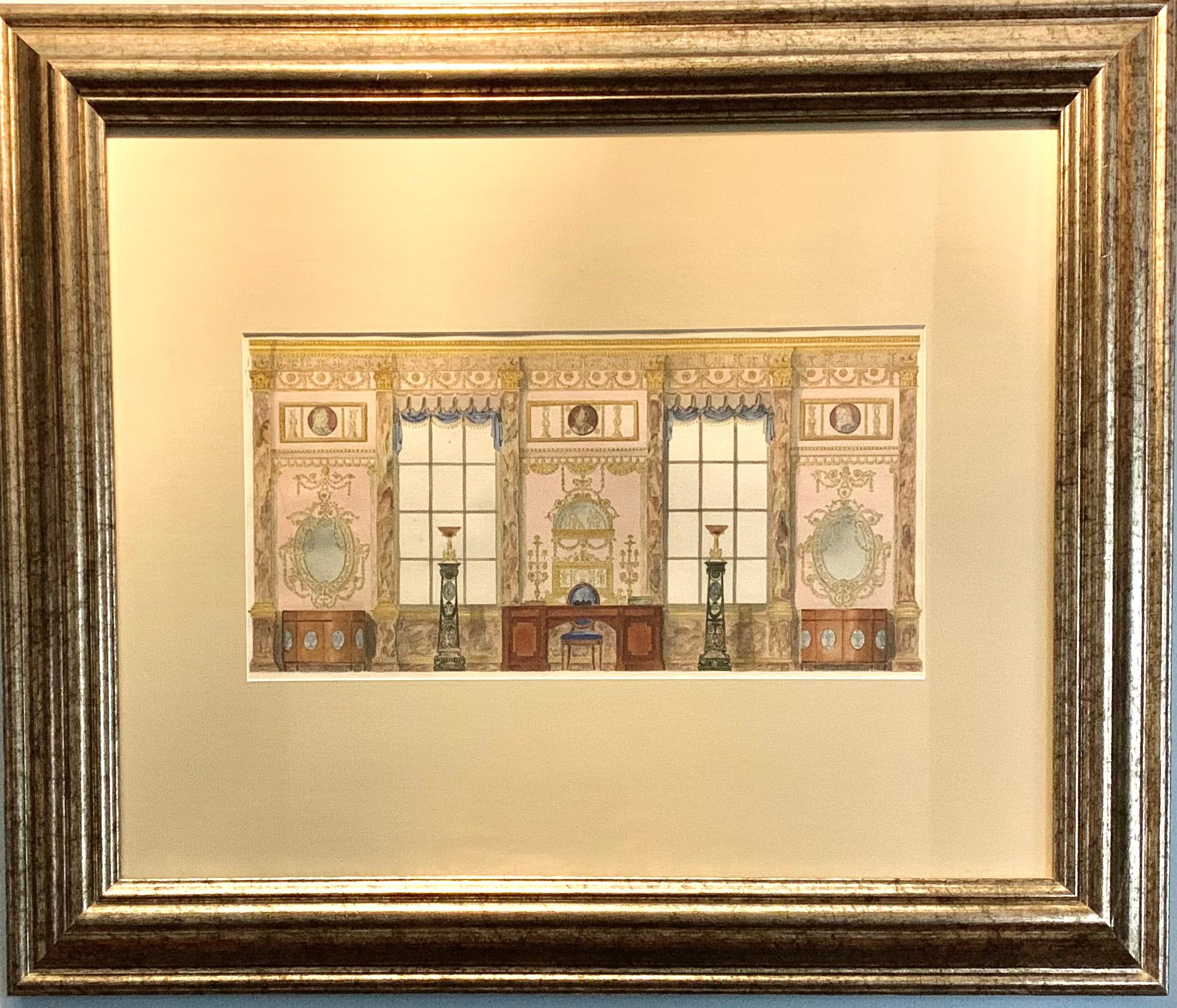 19th Century Fine Antique English Watercolor Painting, Adam Style Palace Interior Rendering For Sale