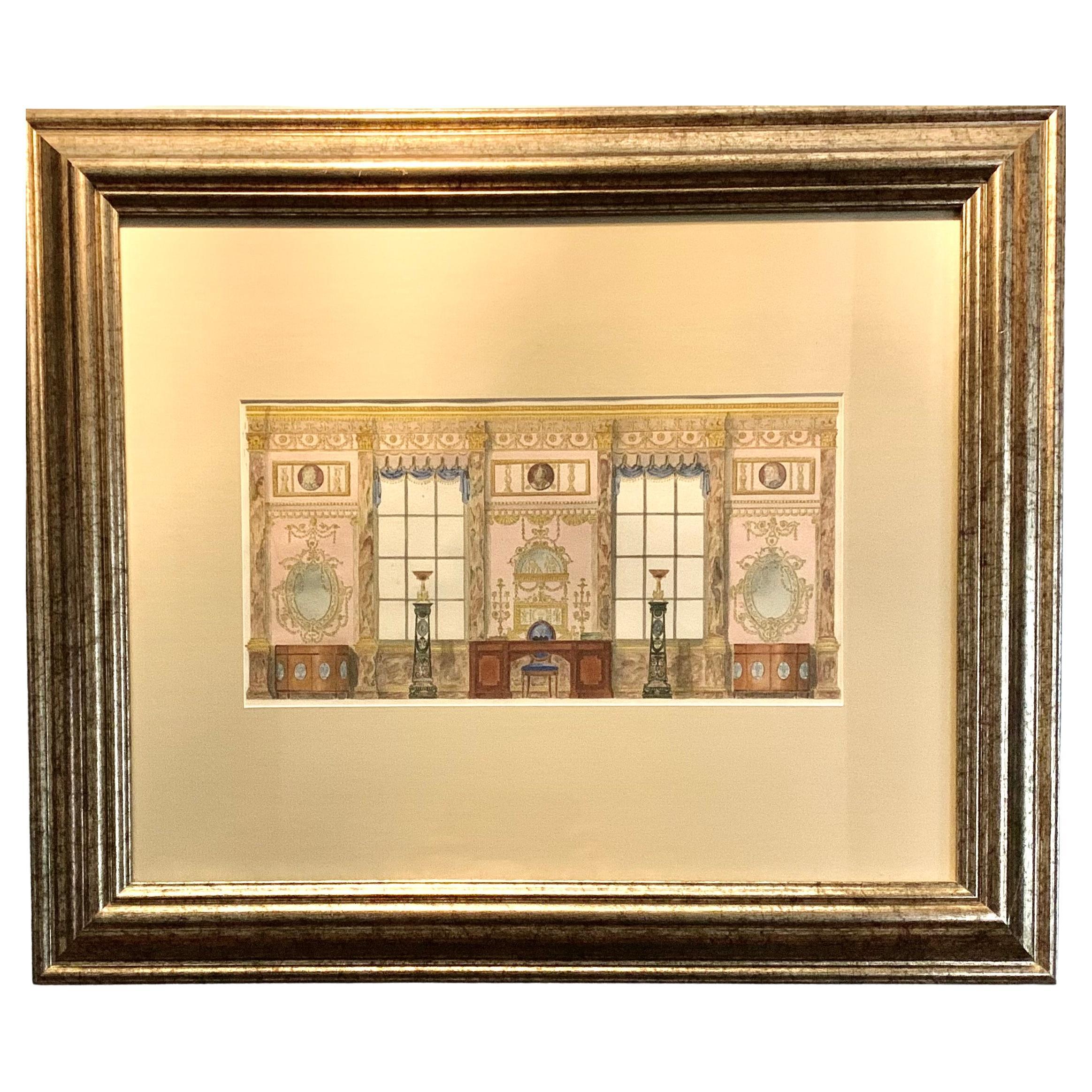 Fine Antique English Watercolor Painting, Adam Style Palace Interior Rendering For Sale