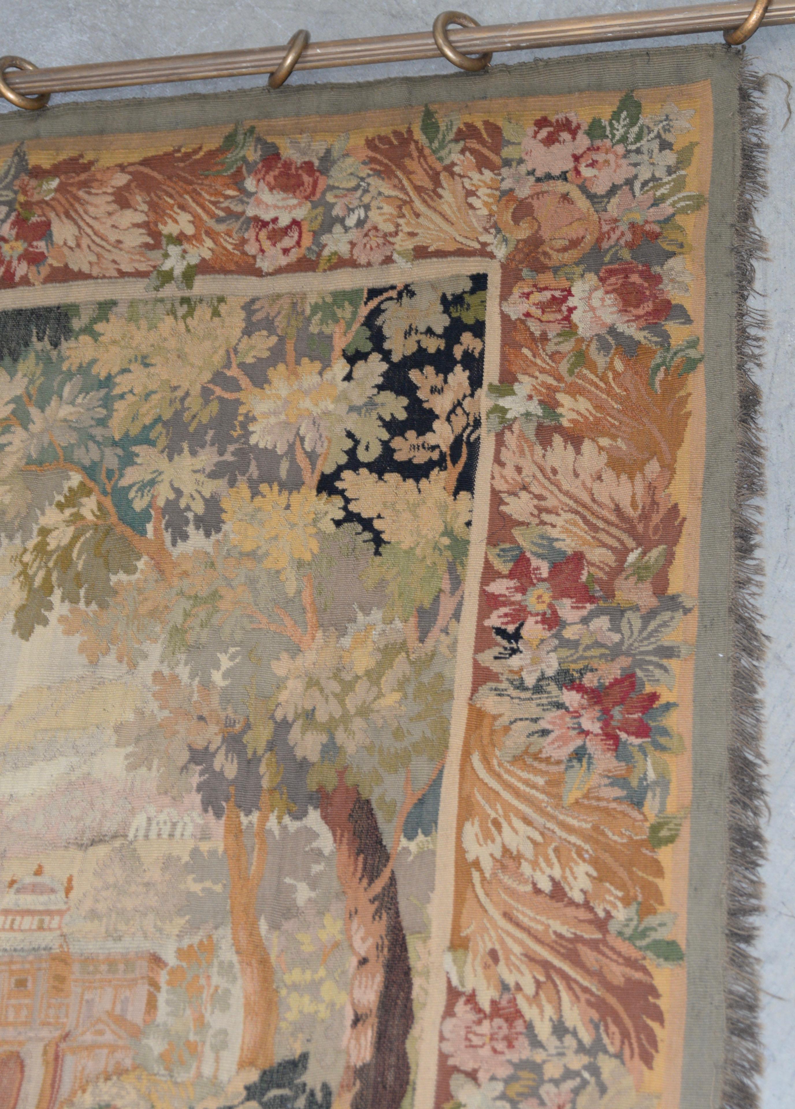 Textile Fine Antique European Tapestry Depicting a Country Scene with Dogs