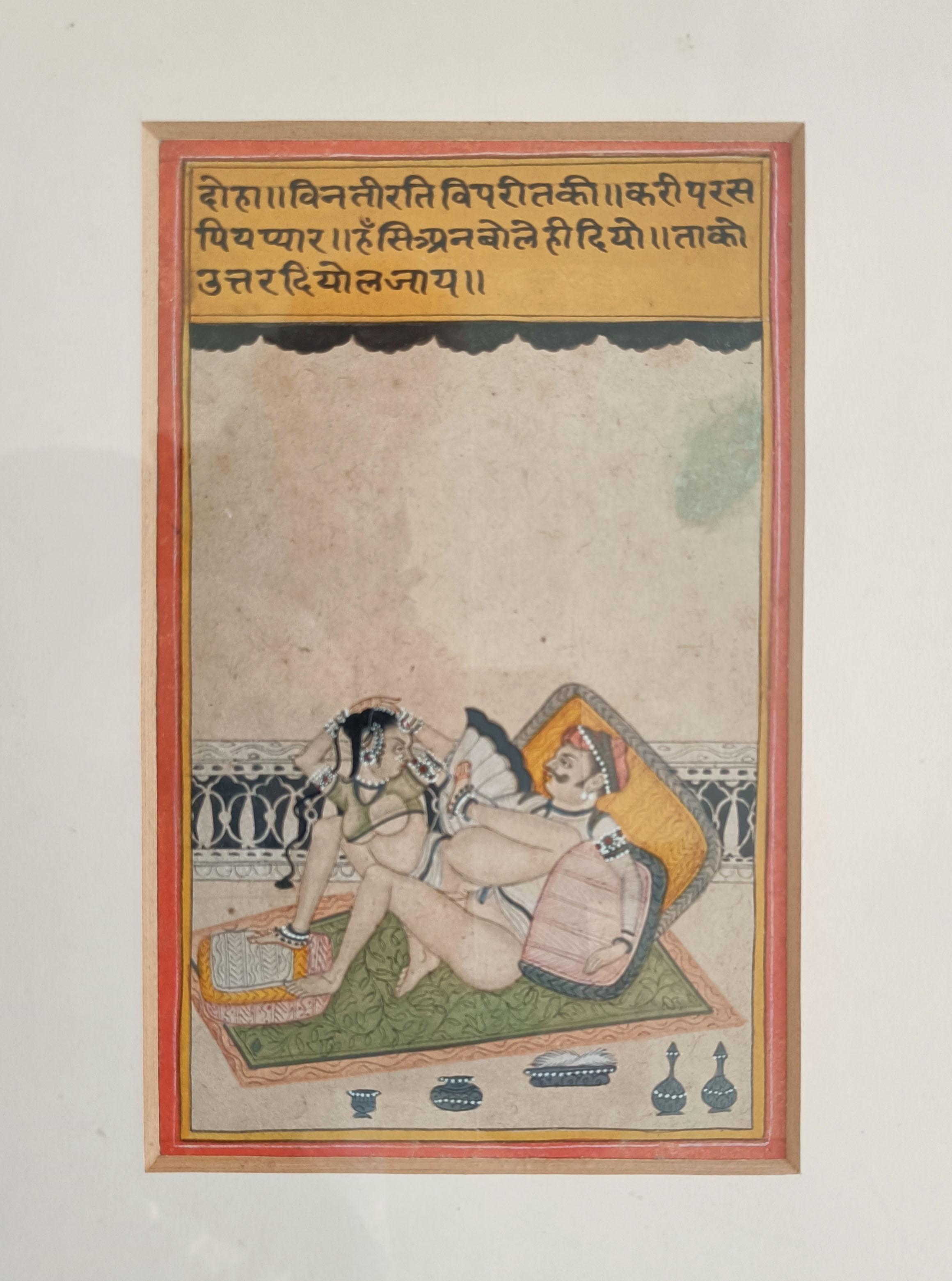 Fine Antique Framed Pair of Indian Kama Sutra paintings  
 

A Fine Pair of Indian paintings featuring  scenes from the Kama Sutra finely painted in Gouache a using beautiful colour palette  with Sanskrit script  
Professionally framed with