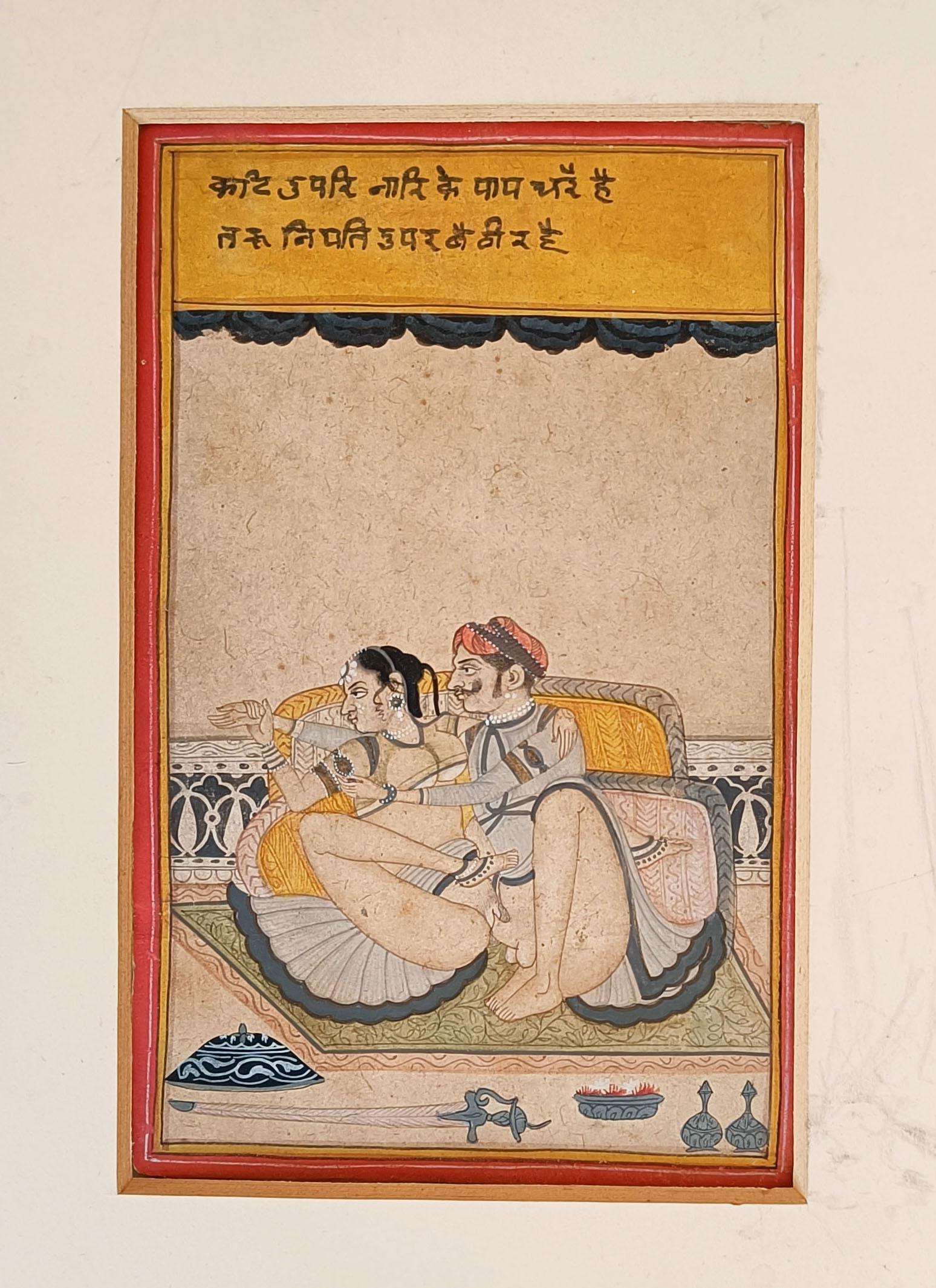 Hand-Crafted Fine Antique Framed Pair Indian Kama Sutra paintings Asian art Interior Design For Sale