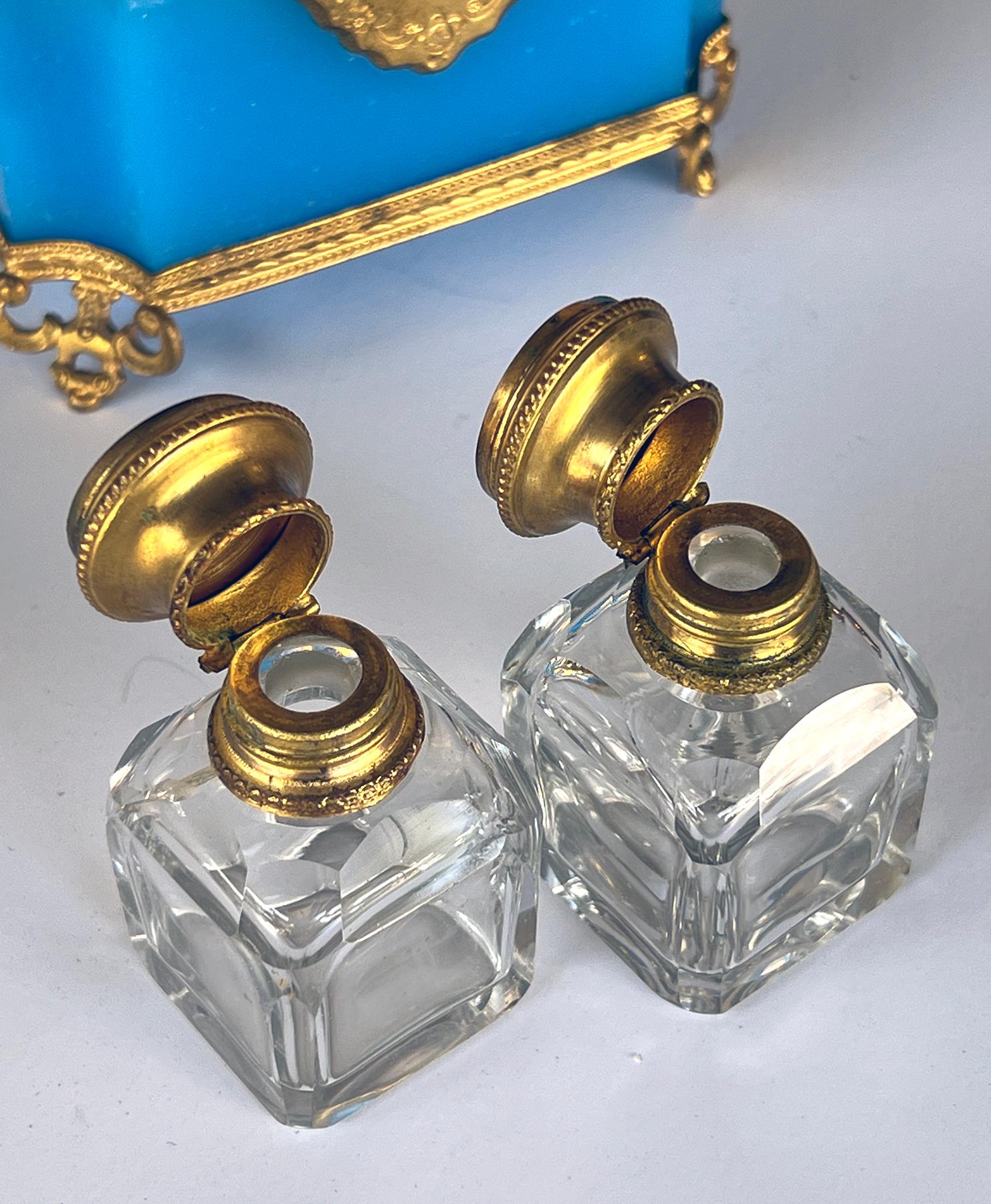 Fine Antique French Cerulean Blue Opaline Glass Perfume Casket 10