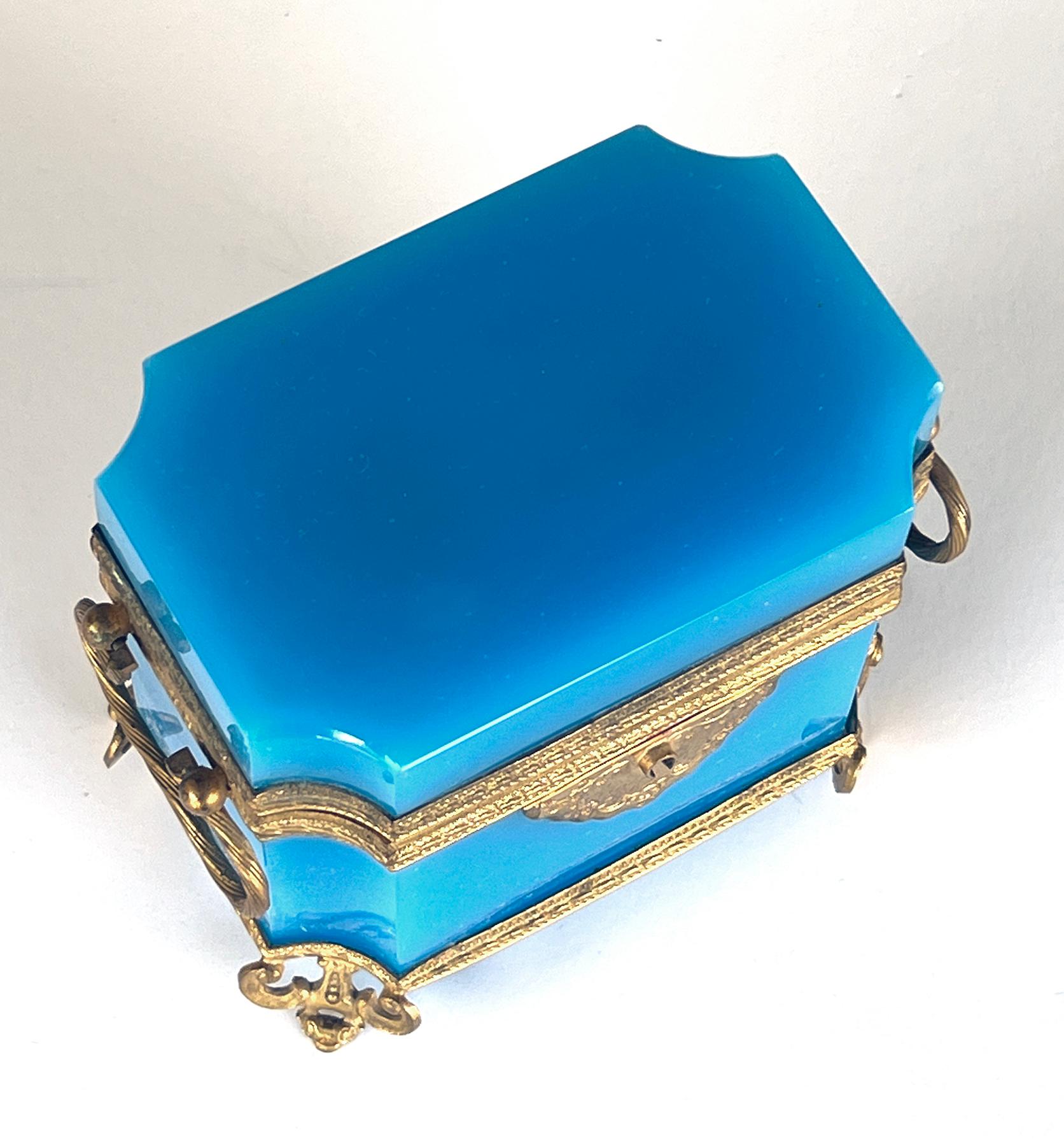 Hand-Crafted Fine Antique French Cerulean Blue Opaline Glass Perfume Casket