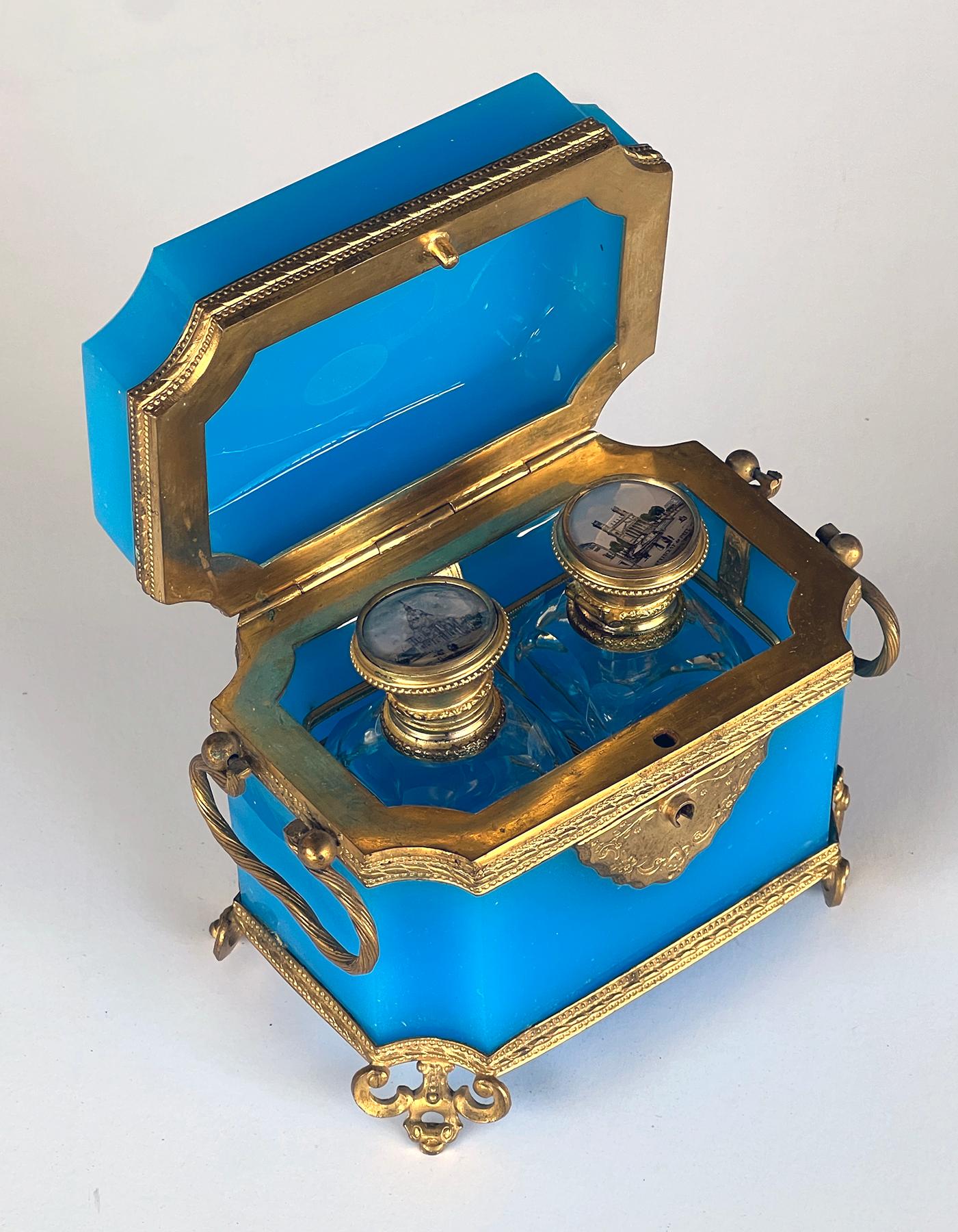 Fine Antique French Cerulean Blue Opaline Glass Perfume Casket 1